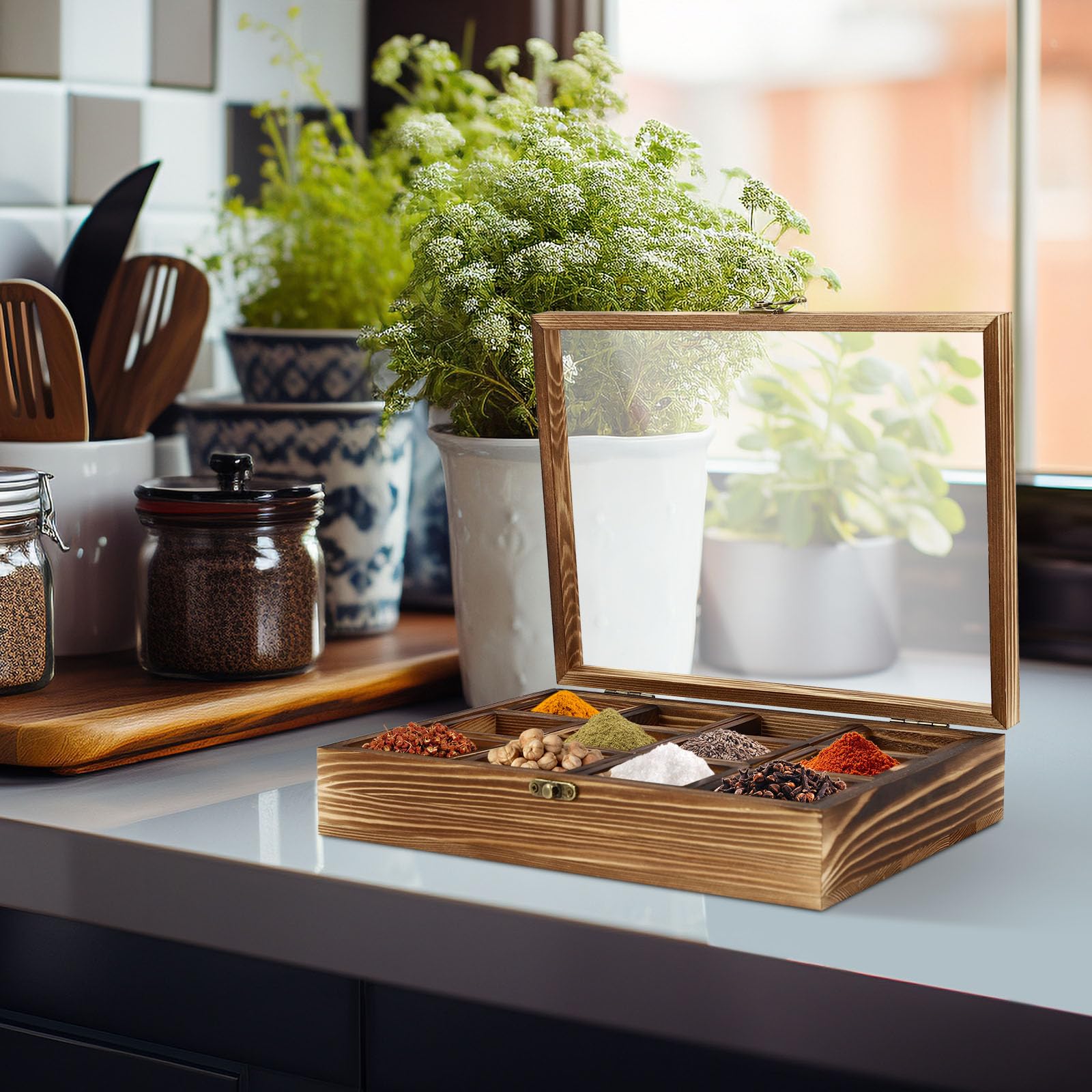 Boîte à épices en bois avec 12 récipients et cuillère pour cuisine