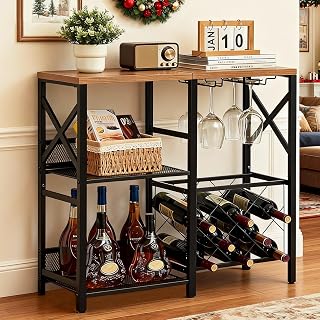 MNEETRUNG Rustic Wine Bar Cabinet: Freestanding 2-Tier Liquor Shelf with Glass Holder, Home Bar Rack for Wine & Spirits - 31.5"W x 30"H