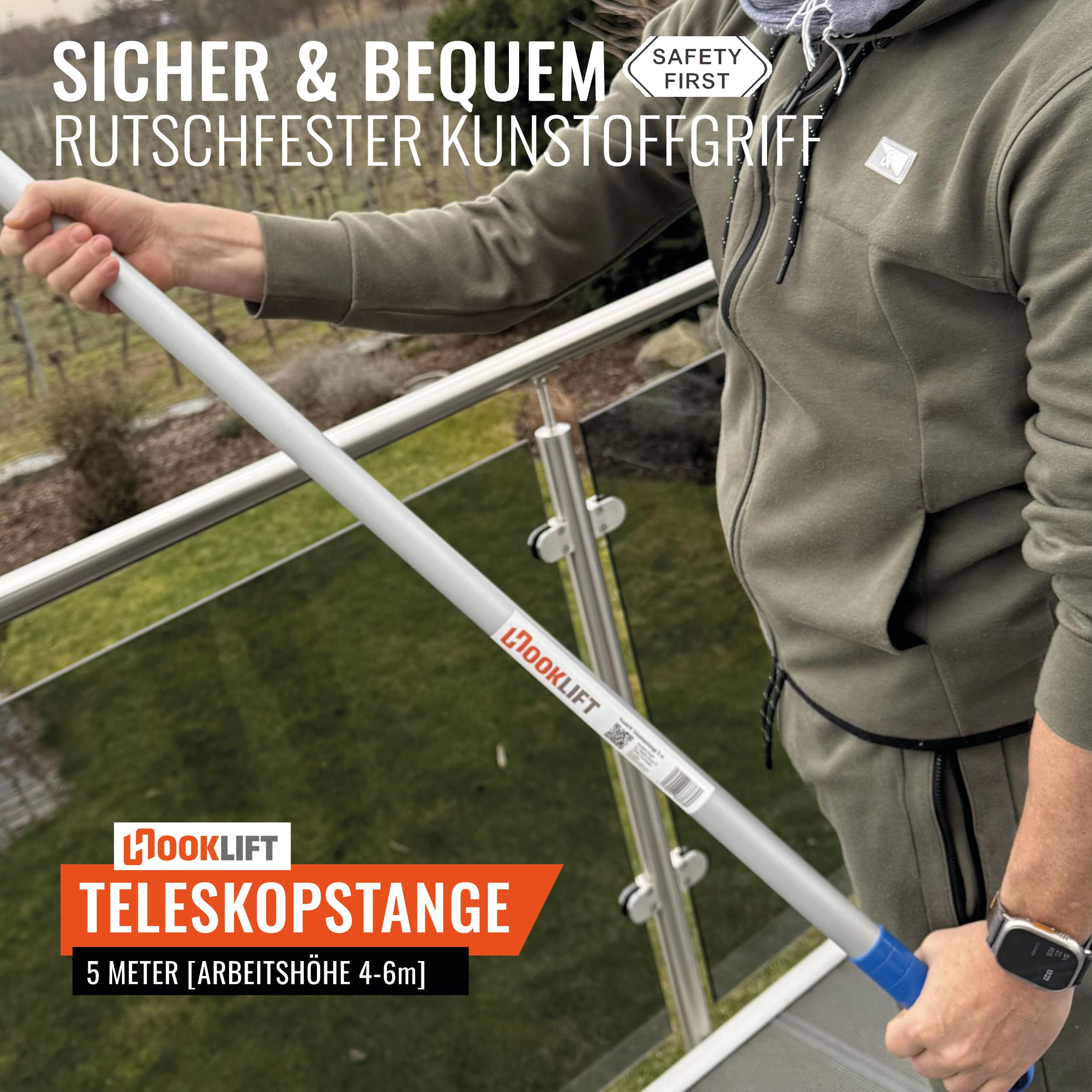 die KÜRZESTE 5m Alu-Teleskopstange mit Adapter, stufenlos von 154 bis 505 cm verstellbar; ideal für das neuartige Magnet-Haken-System und für weitere Werkzeugaufsätze nutzbar