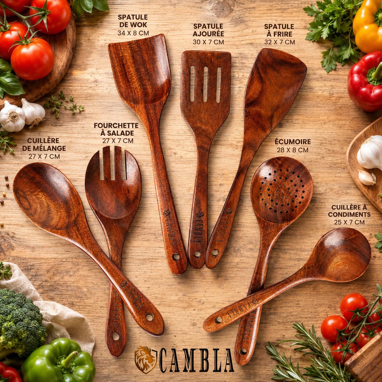 Ustensiles de cuisine en bois - 9 pièces - Bois de teck - Anti-rayures - Set de spatules et cuillères de cuisine - Poignée confortable pour poêles antiadhésives - CAMBLA