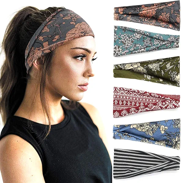 YONUF Boho Headbands For Women Fashion Wide Headband Yoga Workout Head Bands Hair Accessories Band 6 Pack