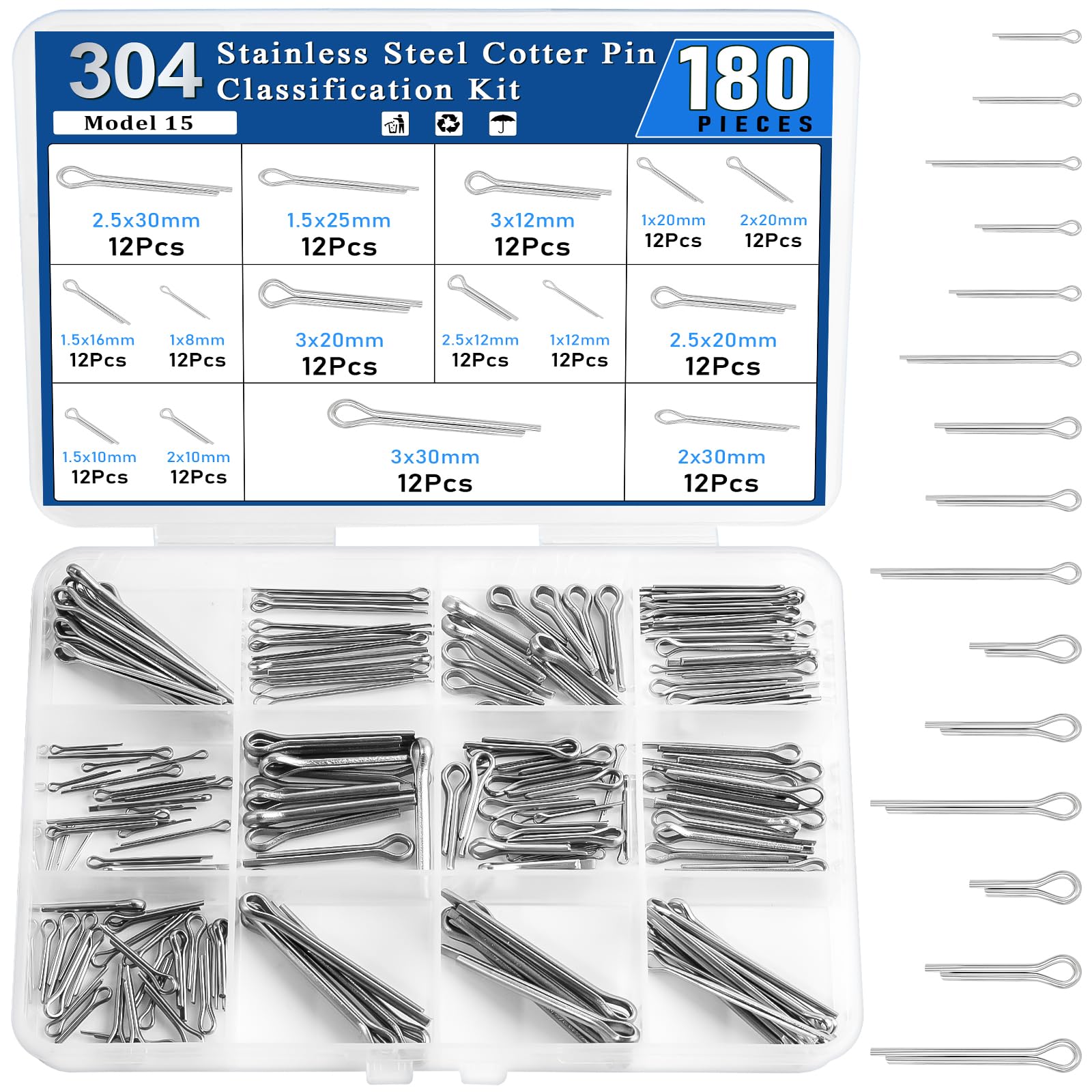 180pcs 15-Size Stainless Steel Split Cotter Pins Kit, Silver Tone Clip Key Fastner Fitting for Automotive Mechanics, Car Garage