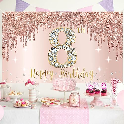 Miniatura 4 de Cartel de feliz cumpleaños número 8 para niñas, suministros de cartel de fiesta de cumpleaños de 8 años de oro rosa, póster de cumpleaños rosa de