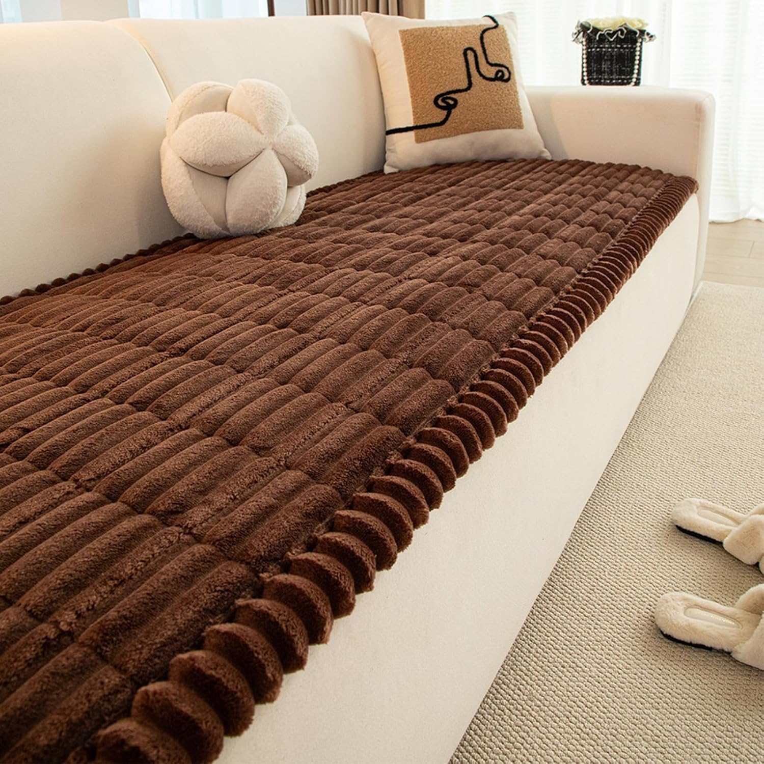 Housse de canapé d'angle en velours côtelé marron foncé 70x210 cm