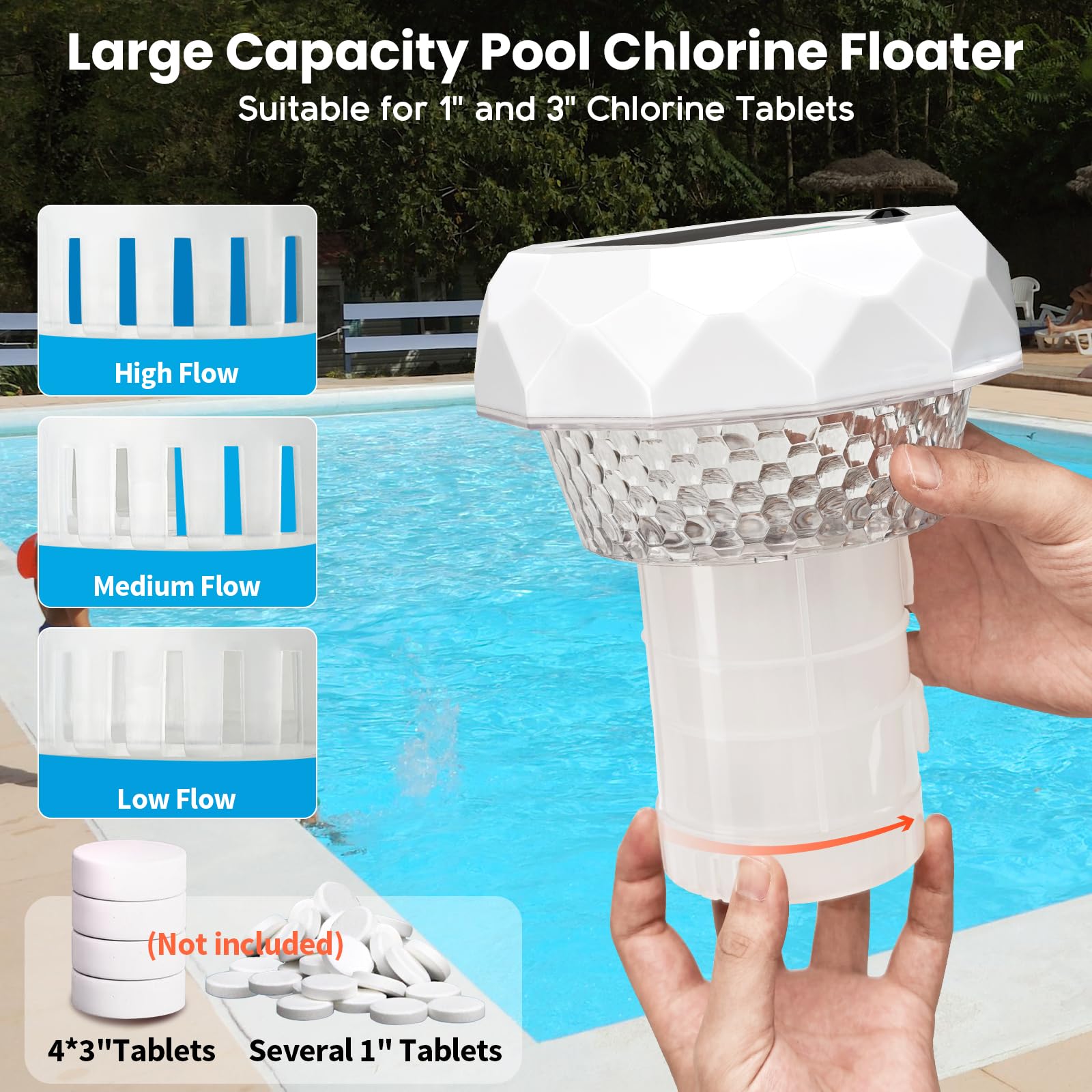 Dosierschwimmer Pool mit Solar Lichter, Thermometer, Solar Poolbeleuchtung mit Fernbedienung, 8 Farbmodi, Timer, Wasserdichte, Pool Chlortabletten Dosierer Schwimmer für Whirlpool, Spa, Teich Deko