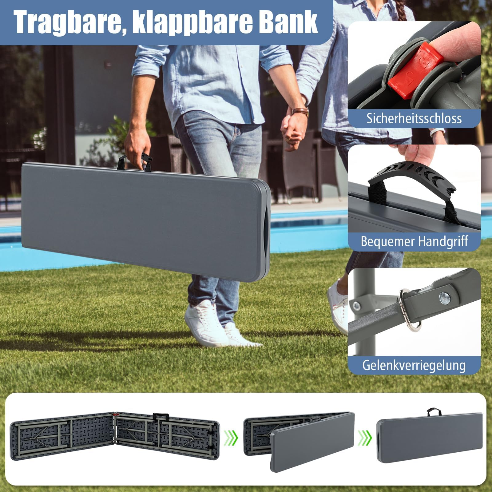 FANTASK Klappbank, Campingbank, Gartenbank aus Kunststoff, Sitzbank mit Tragegriff, 180x30x43cm (Grau)