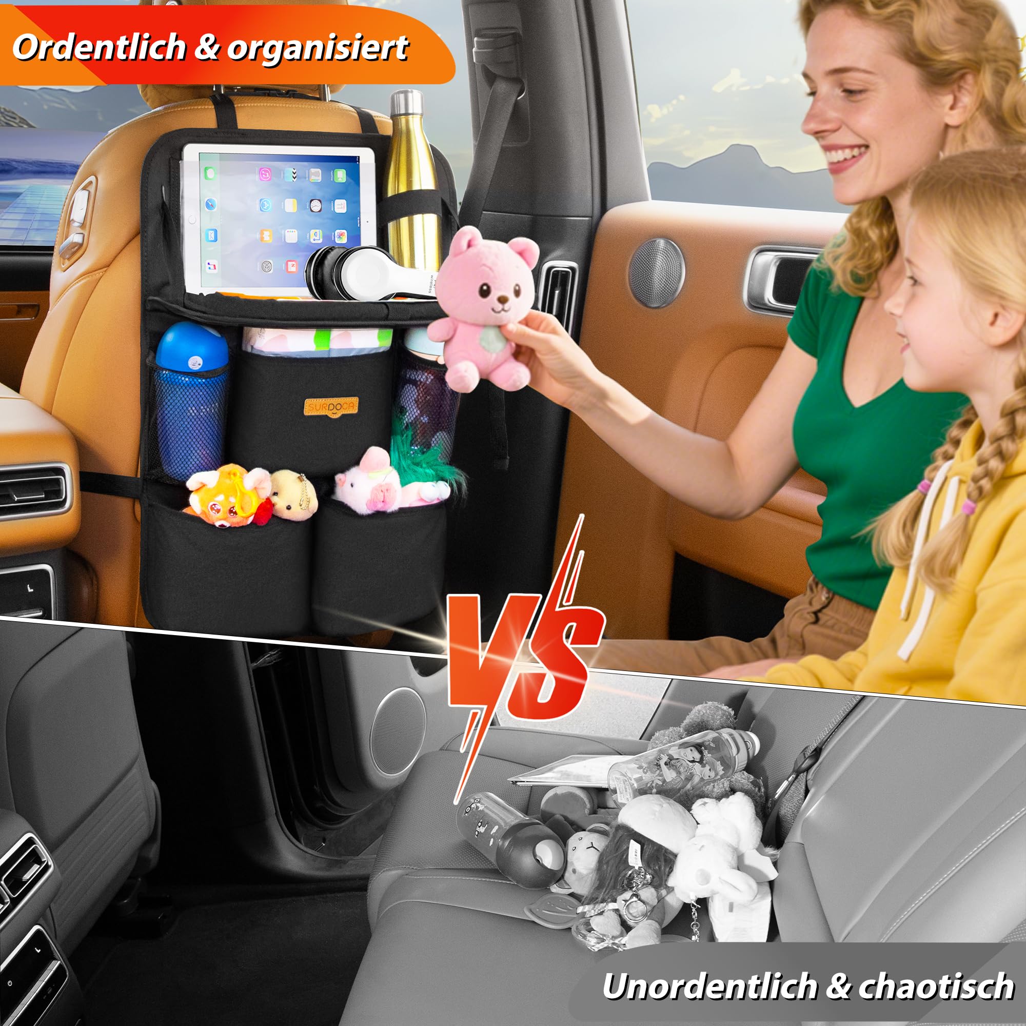 SURDOCA Lot de 2 organiseurs de voiture pour enfants avec table pliante – Organiseur de siège arrière avec compartiment pour tablette tactile – Protection étanche du dossier – Compatible avec la - 3