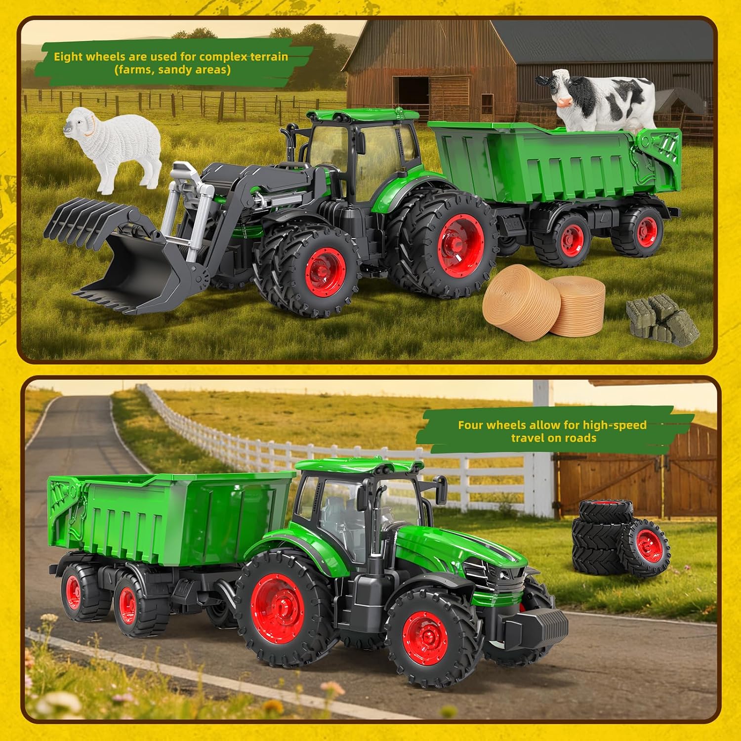 Remote Control Tractor Toy with Trailer | 2-in-1 8-to-4 Wheel Convertible Front Loader Tractor, Openable Doors & Hood with Lights, Farm Animals & Hay Bales, Gift for Kids Ages 3-9
