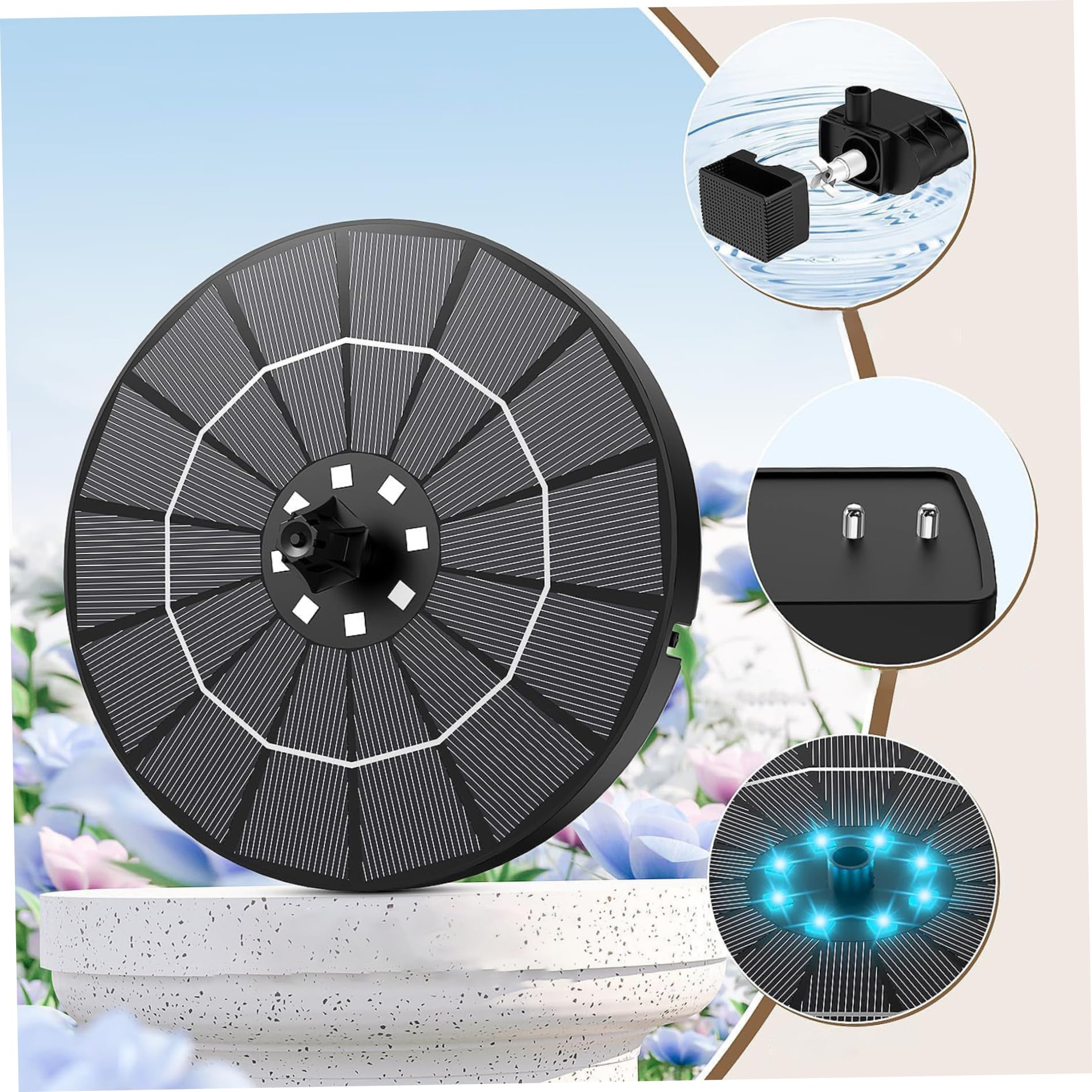 Fuente Solar para baño de pájaros, Bomba de Fuente Solar Negra de 3, 5 W con Luces LED Coloridas y boquillas reemplazables para baño de pájaros, jardín, Estanque, Piscina