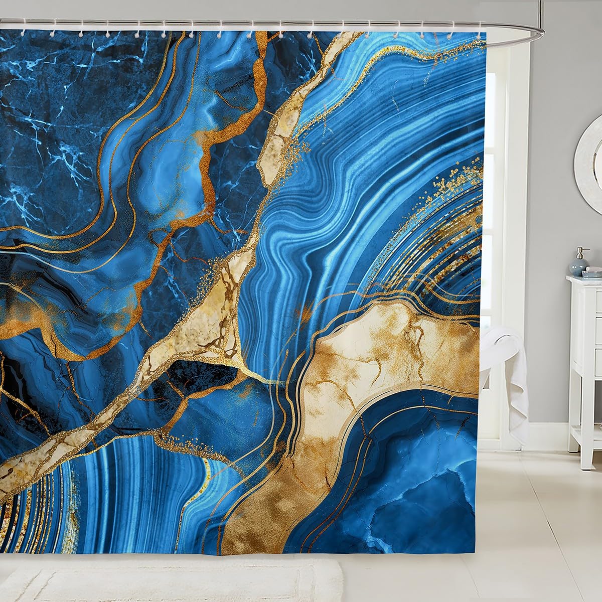 Erosebridal Blue Marble Shower Curtain - 72" Wx72 L, Gold Crack Bathroom Set, Metallic Texture Fabric, Luxury Shinny Boho Hippie Fluid Curtain