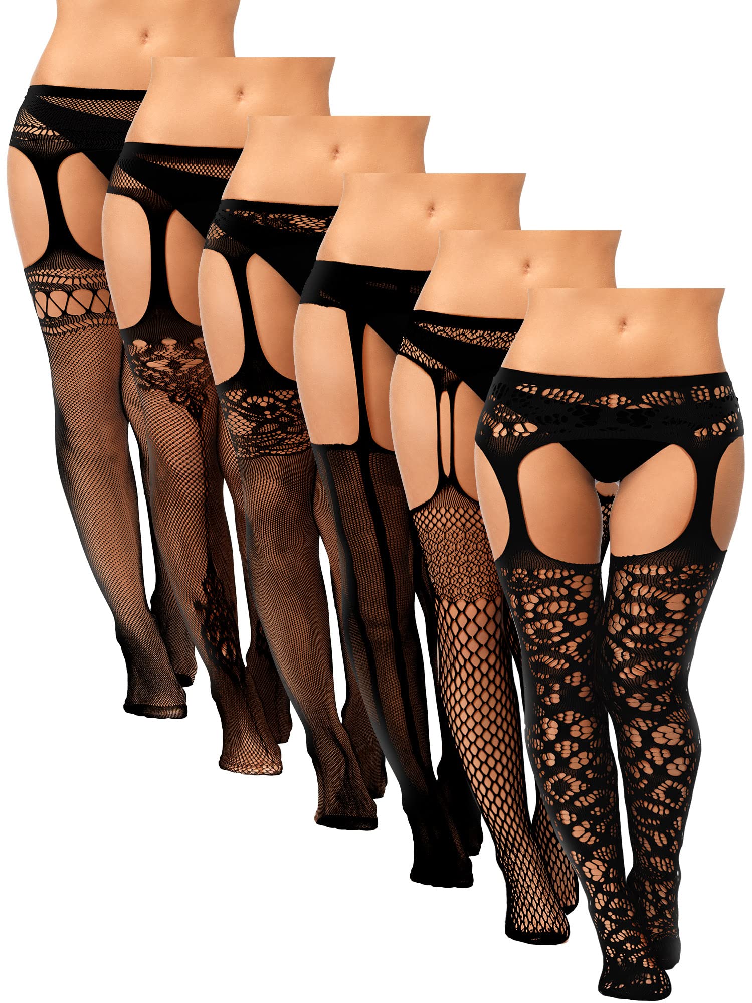 Skylety 6 Pairs Fishnet Stockings for Women Plus Size Thigh-high Tights Stockings Suspender Pantyhose Garter Belts