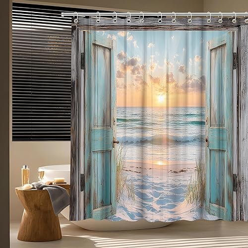 Miniatura 3 de Cortina de ducha para puerta de granero verde azulado con diseño de océano, puesta de sol, paisaje, olas de mar, mar, costero, retro, madera,