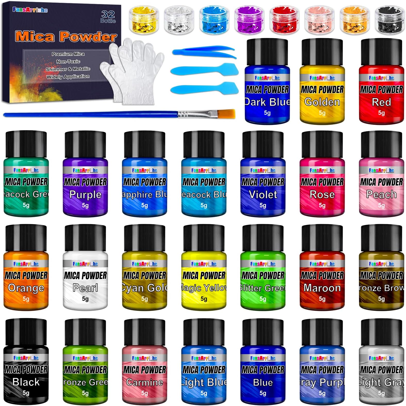 FansArriche Mica Powder for Epoxy Resin - 32 Colors X 5g Metallic Pigment With Shimmer Glitter - for Soap Making, Bath Bomb, Candle Making, Art Crafts, Resin Dye, Nails, Slime