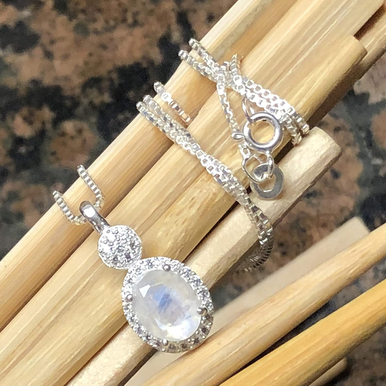 Genuine Rainbow Moonstone 925 Solid Sterling Silver Pendant Necklace 16" - Image 8