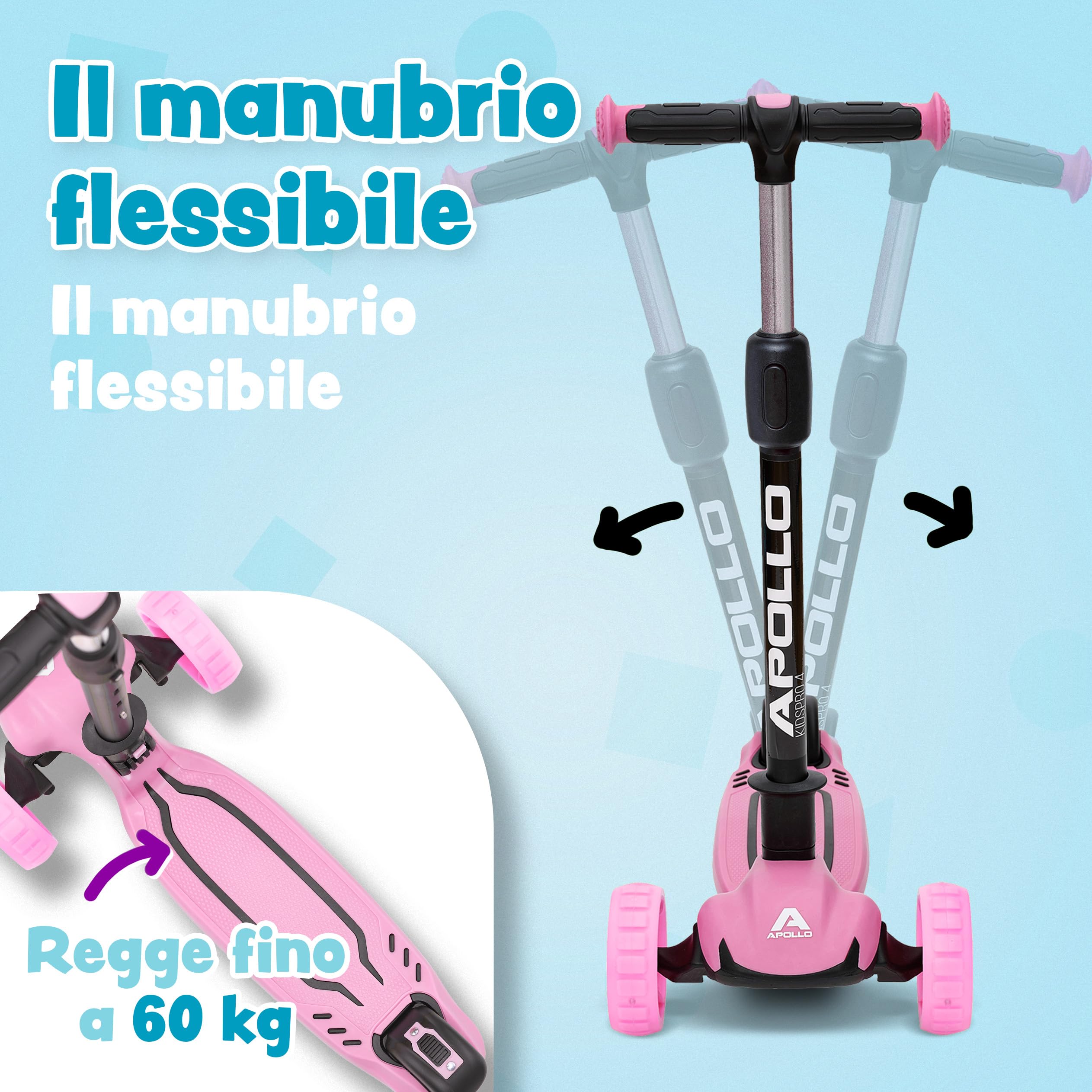 Apollo Monopattino KidsPro 4 | Monopattino Bambino e bambina 3 Ruote | Piegevole e regolabile in Altezza | Monopattino Bambino e bambina 3 anni in su con Ruote LED