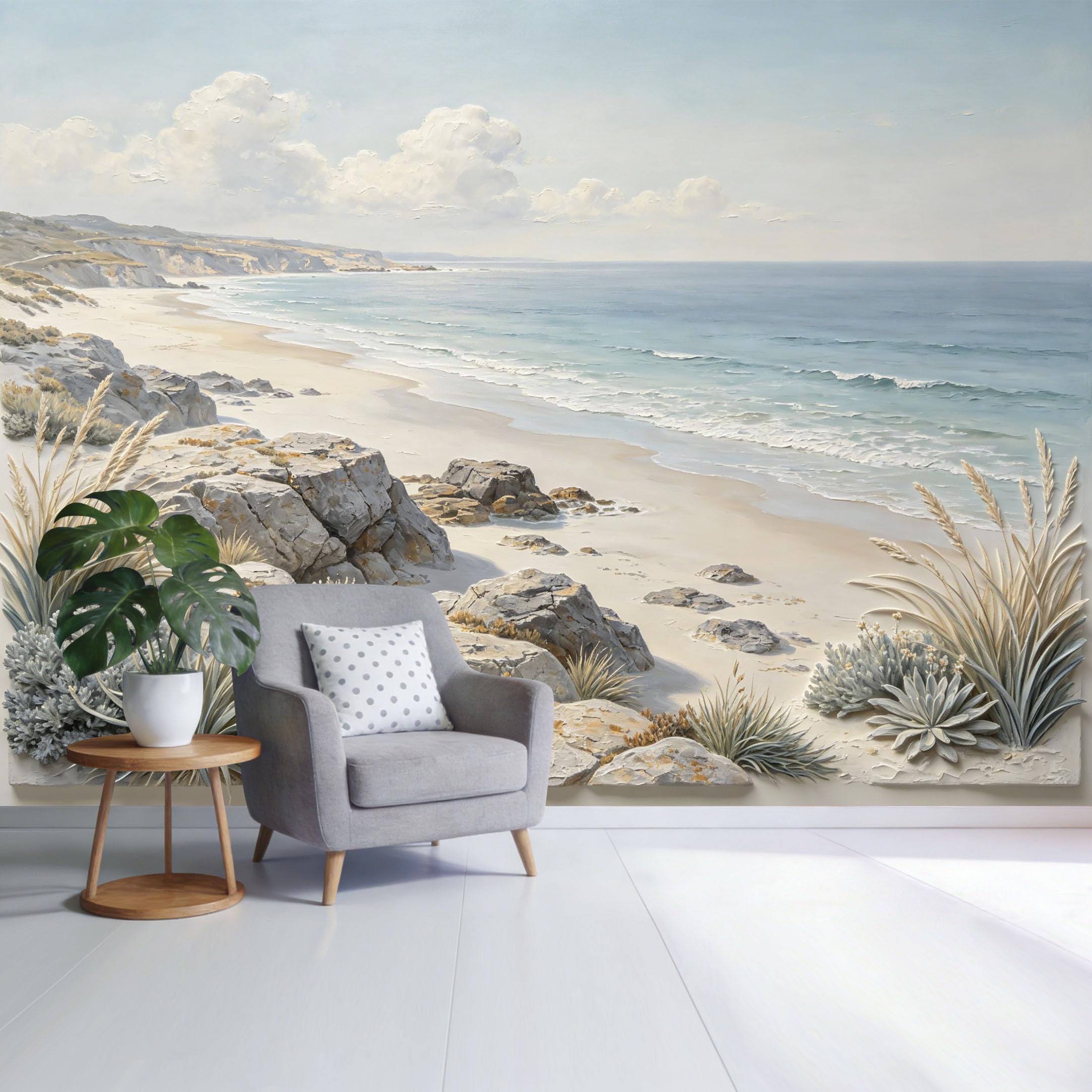 Custom Size Wall Mural Coastal Ocean Beach Landscape with Rocks and Dune Grass Watercolor Style SelfAdhesive Wall Fabric Removable Wallpaper for Home Office Decor
