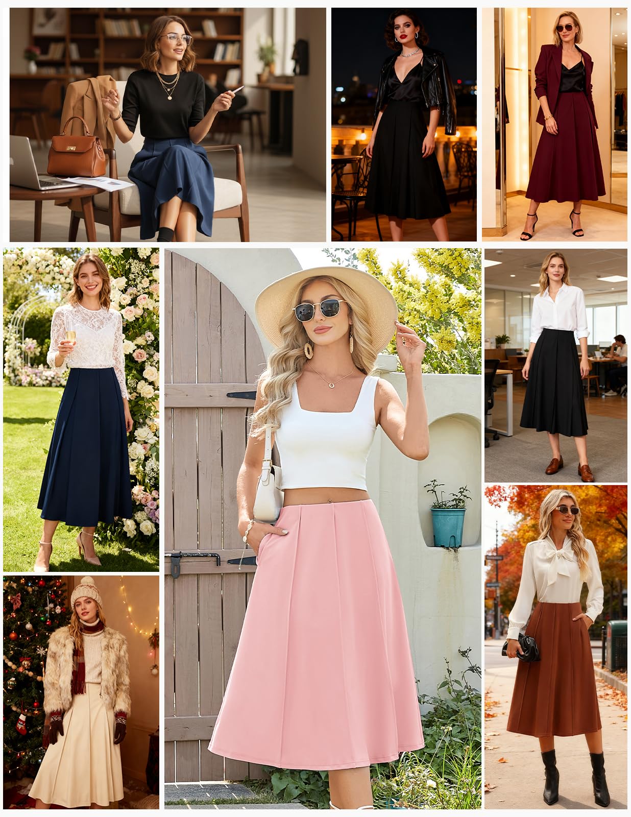 Kate Kasin Gonna midi plissettata da donna 2025 autunno a vita alta lunghezza al ginocchio Flowy A Line Swing casual svasata gonne con tasche