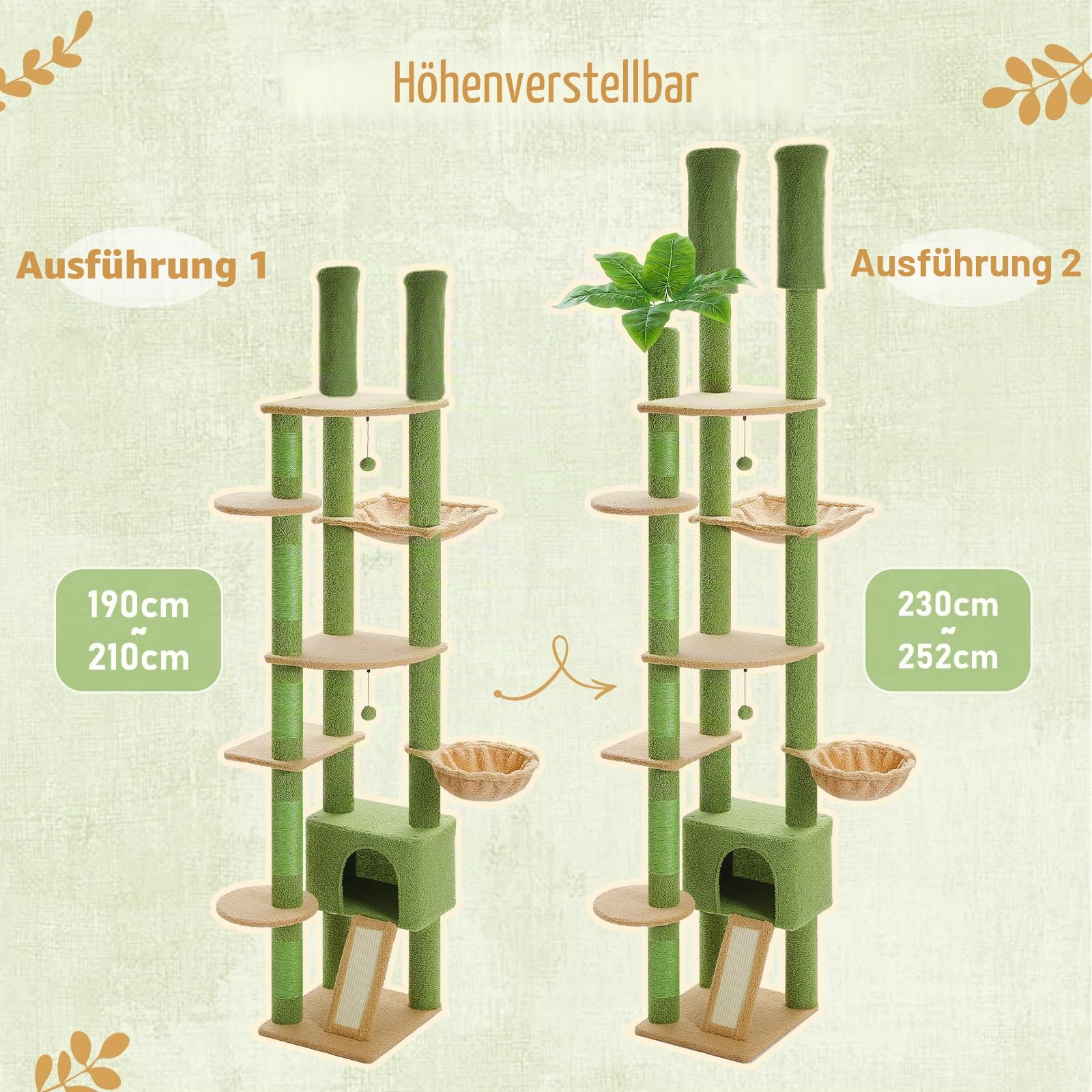 PAWZ Road Kaktus Kratzbaum Deckenspanner, 230-252cm Grün | deckenhoher katzenbaum, Hoch Katzenbaum Kaktus, Katzenhöhle, Katzenhängematte, Kletterbaum, 43L x 39B x 230H cm, Aktiv