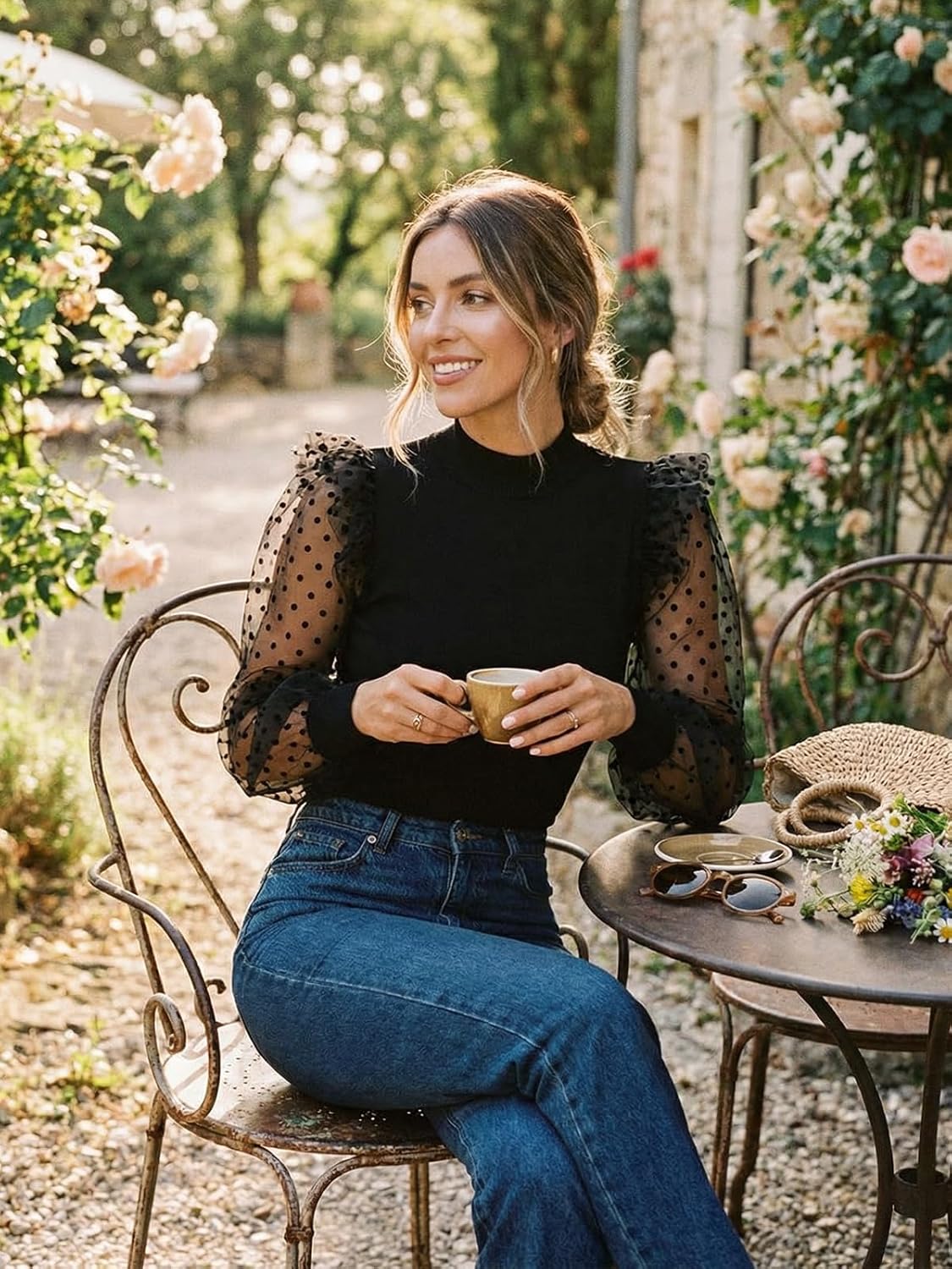 WAYMAKER Women's Mock Turtle Neck Polka Dot Sheer Mesh Puff Long Sleeve Bodysuit Blouses Tops Shirts - Image 3