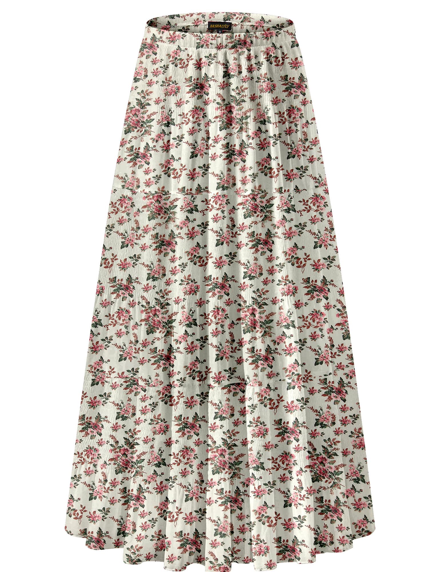 NASHALYLY Women's Chiffon Elastic High Waist Pleated A-Line Maxi Skirts