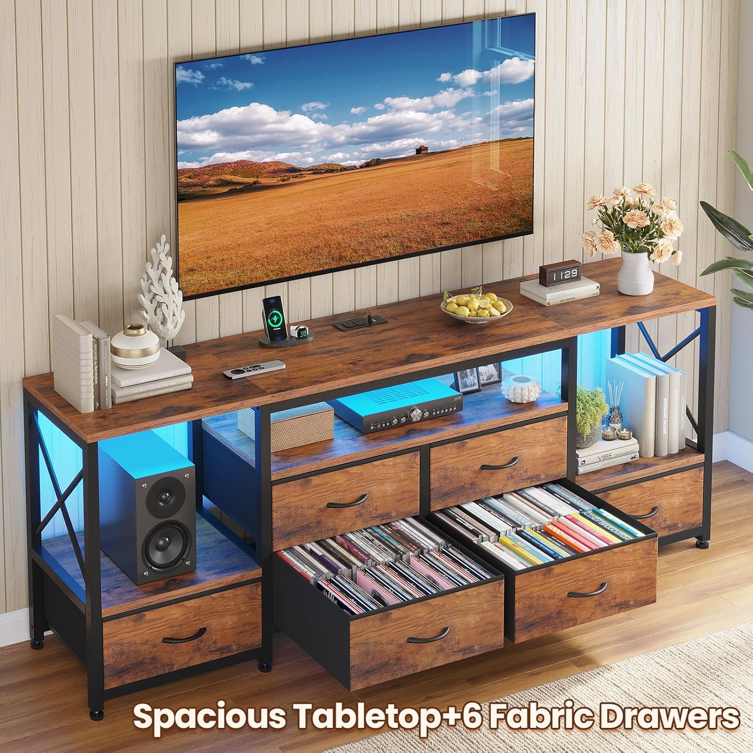 TV Stand for 75 Inch TV, Entertainment Center with LED Light & Power Outlets,63" Industrial TV Console Table with 6 Fabric Drawers & Open Shelves for Living Room, Bedroom, Rustic Brown