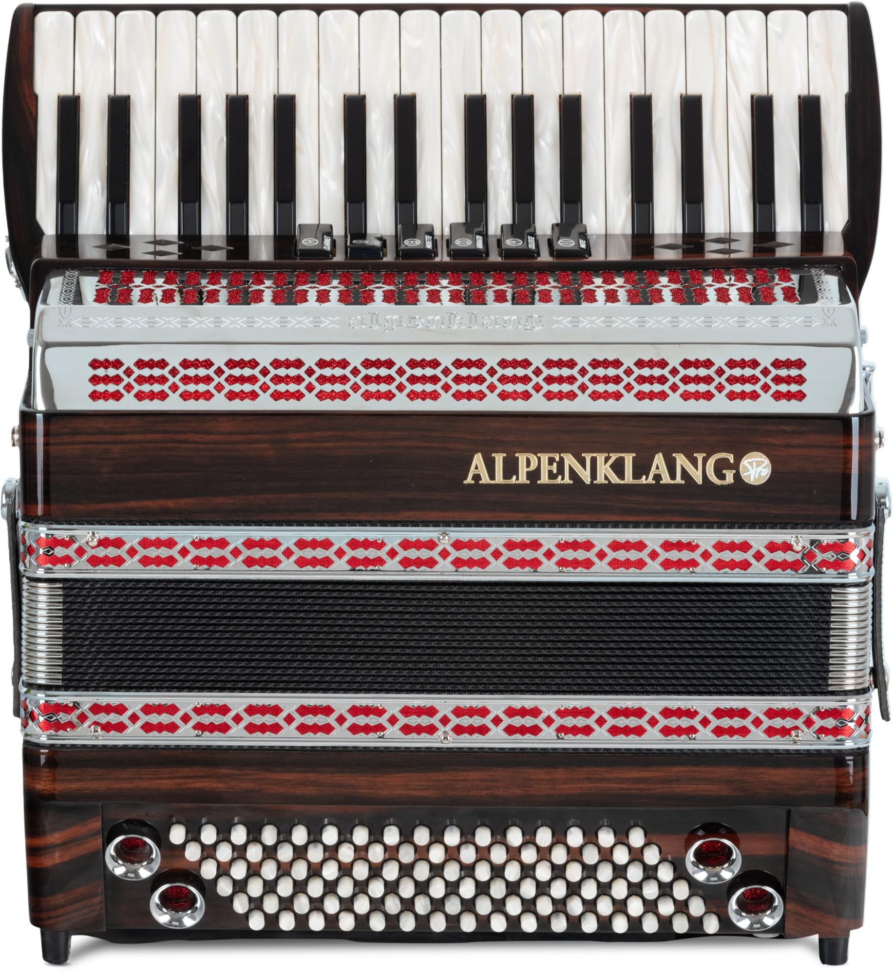 Alpenklang Pro Akkordeon III 96 Tasten-Steirische Ebenholz, 96 Bässe | 34 Diskant-Tasten aus Perlmutt, Helikon-Bässe, 6 Diskant-Register, 3-chörig im Diskant, Aufwendig verarbeitetes Chromverdeck