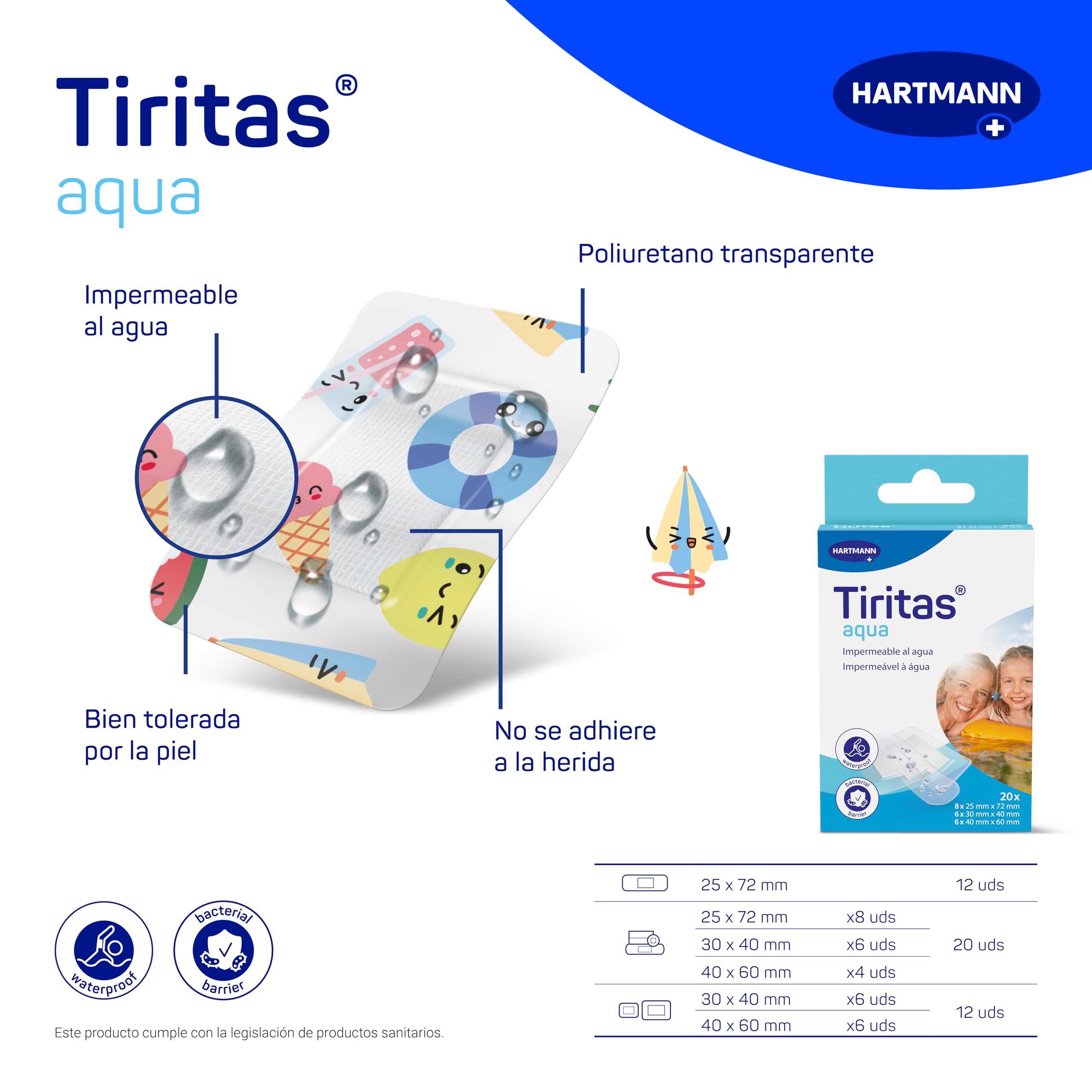 TIRITAS Aqua Kids: Apósitos aptos para contacto con agua; Con adhesivo hipoalergénico y diseños efecto tattoo perfectas para para niños. Dejan transpirar la piel; 2 tamaños; 12 unidades