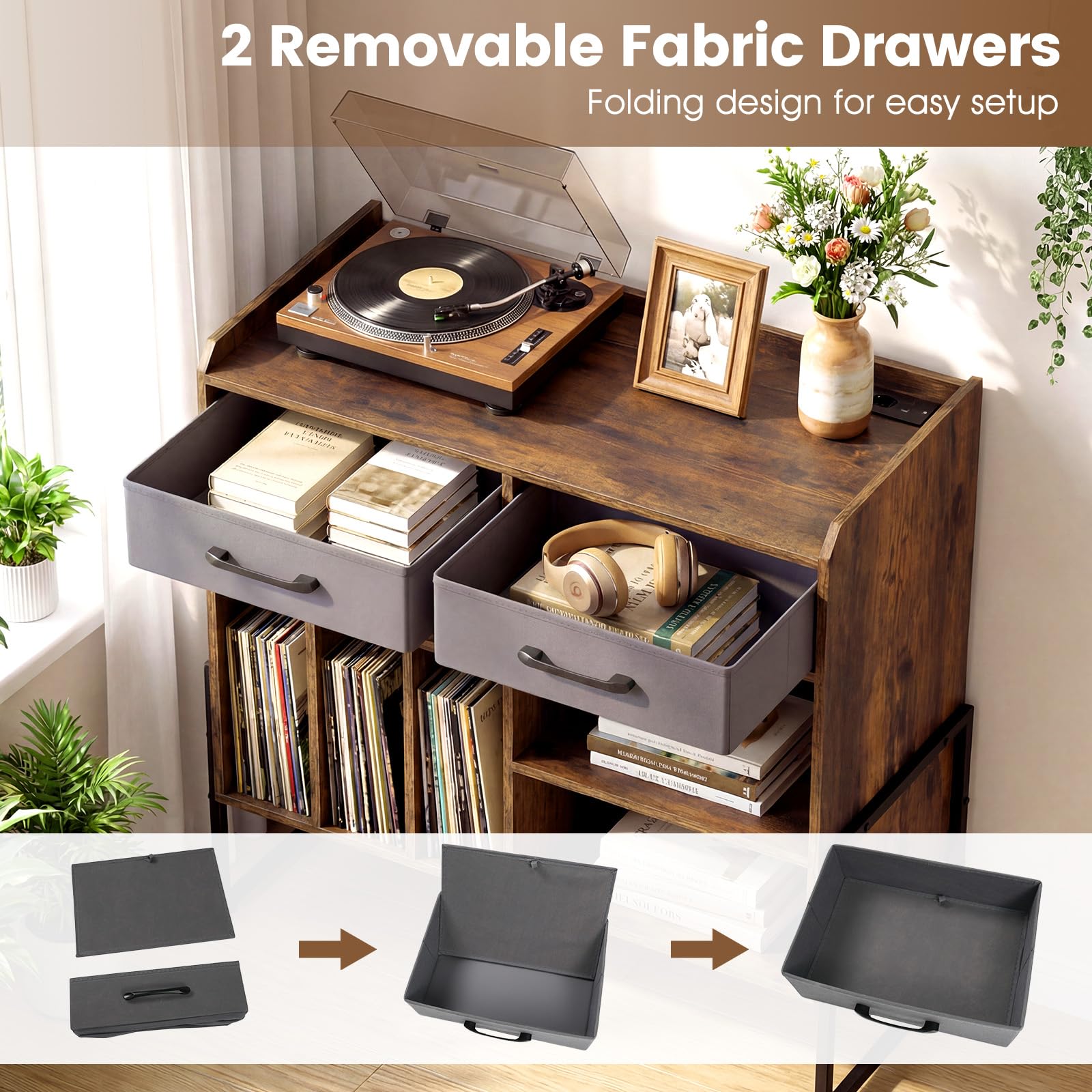 COSTWAY Meuble Platine Vinyle avec Prise, Rangement Platine Vinyle 3 Compartiments, 2 Tiroirs, Pieds Surélevés, Étagère Ajustable, Support Tourne-Disque pour CD DVD, Meuble HiFi pour Salon, Chambre