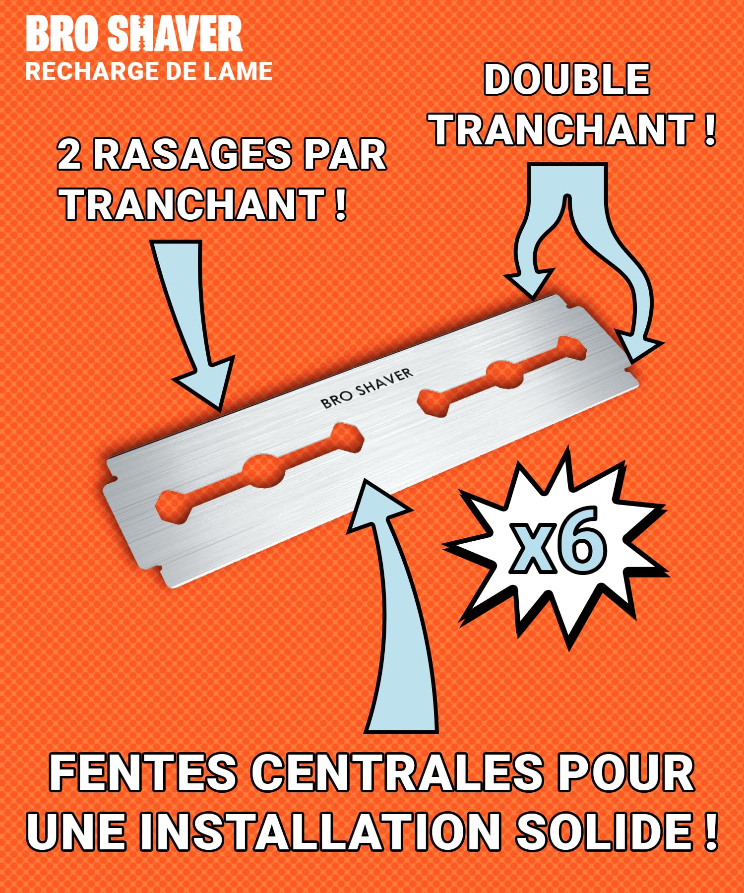 BroShaver 3.0 DIY Tondeuse pour le dos et le corps avec 6 lames – Rasage à sec ou humide pour hommes | Rasoir avec manche fendu et prise ergonomique