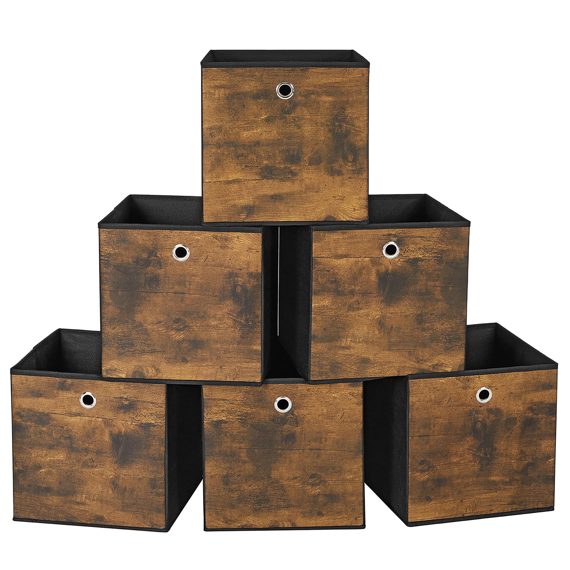 SONGMICS Scatole Portaoggetti, Set di 6 Contenitori con Manico, in Tessuto Oxford e Tessuto Non Tessuto, 30 x 30 x 30 cm, per Scaffali a Cubo, Pieghevoli, Marrone Vintage e Nero RFB102B01