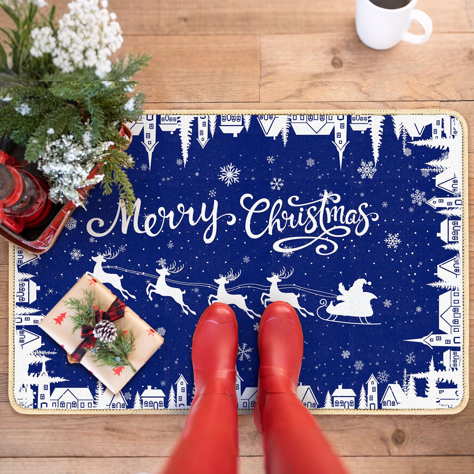 Dunzy Fußmatte, Motiv: blaue Schneeflocken, Motiv: Frohe Weihnachten, Winterdorf, Küchenteppich, Heimdekoration, rutschfest, waschbar, Teppich für Küche, Eingangsbereich, Schlafzimmer, Badezimmer