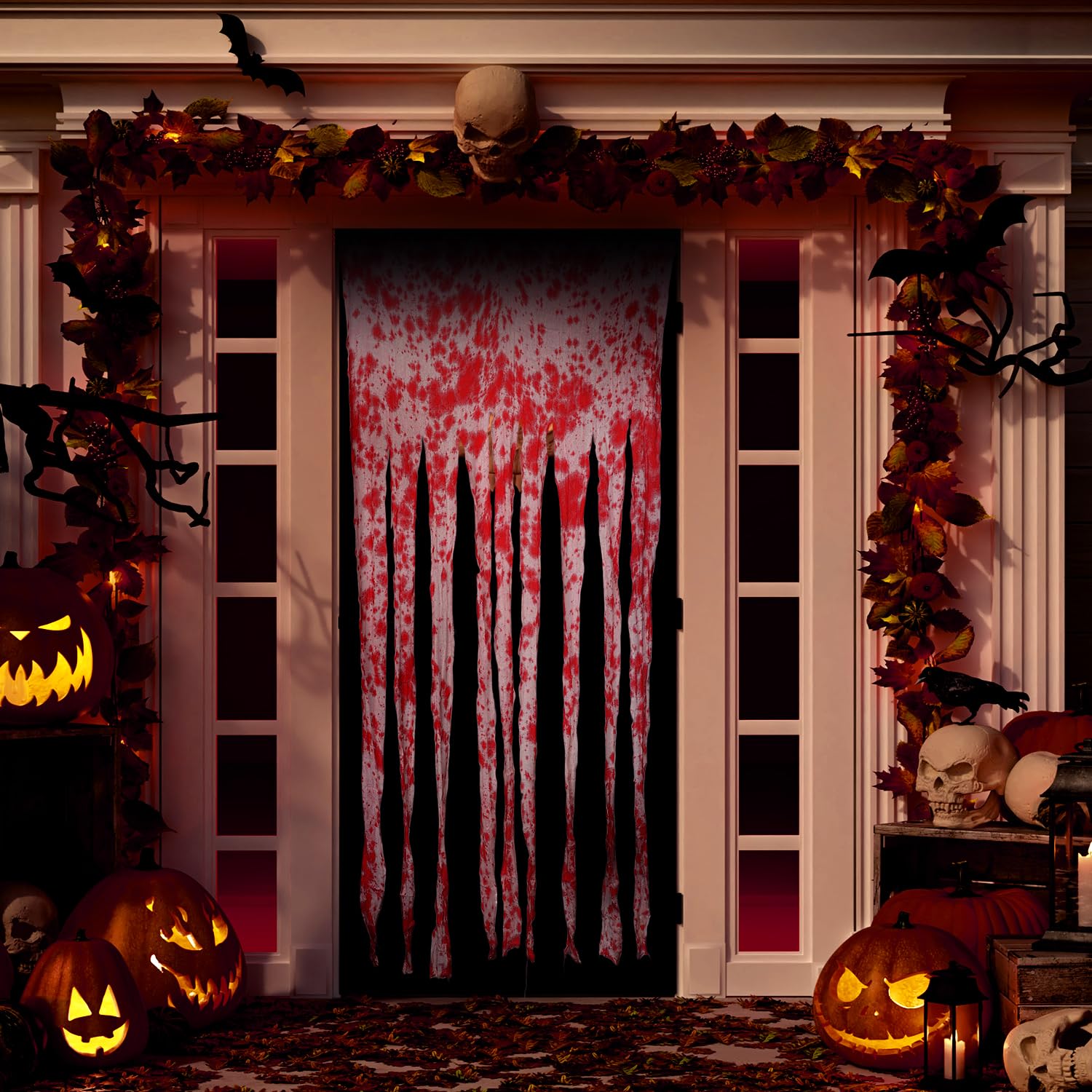 Rideau De Porte Halloween Sanglant - Décoration Effrayante Pour Maison Hantée Avec Empreintes De Mains !