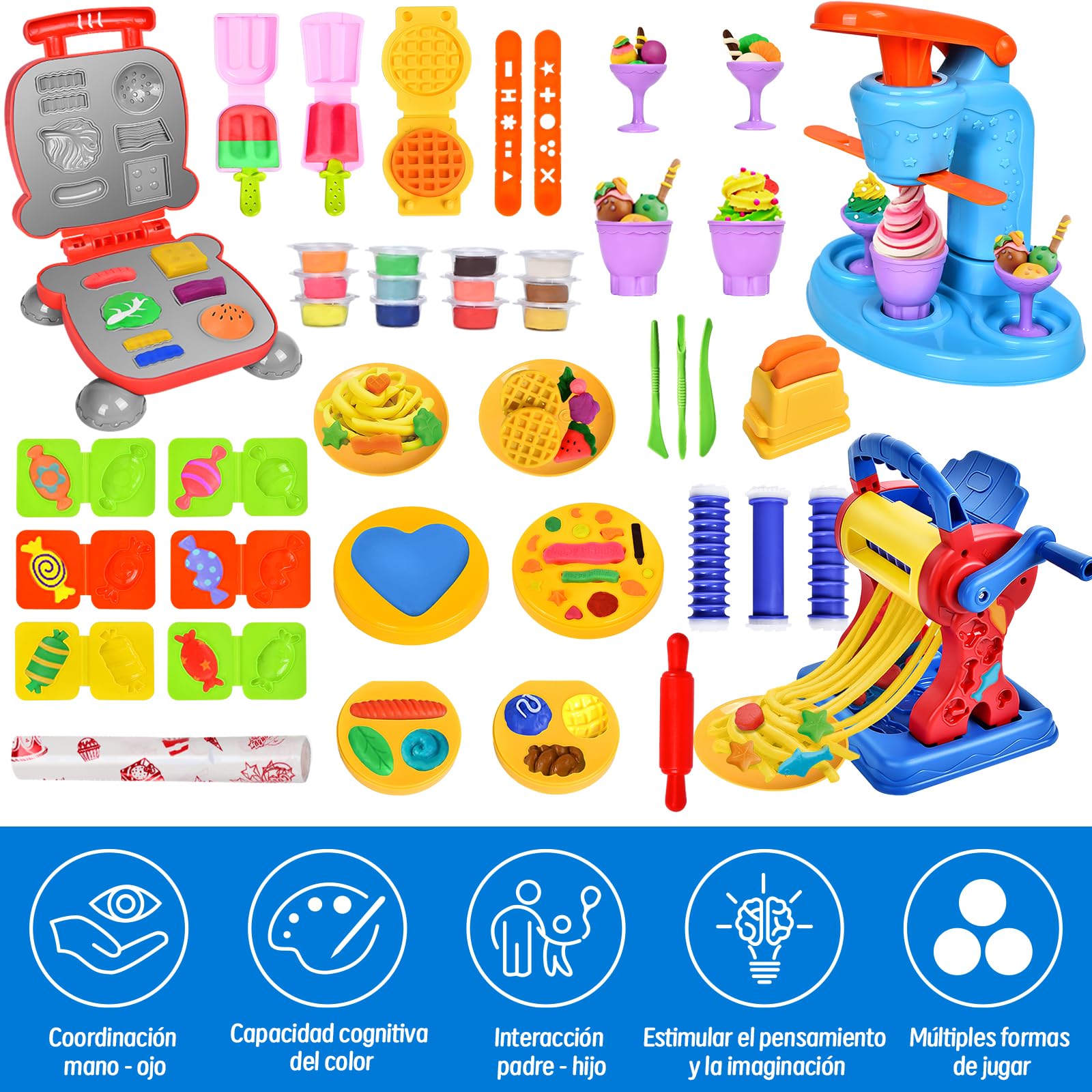 Herenear Juego de Plastilina, 46 Moldes Plastilina con 12 Cajas Arcilla, Herramientas Plastilina para Crear Hamburguesa Pasta y Helados, Kit Accesorios Plastilina Regalo para Niños