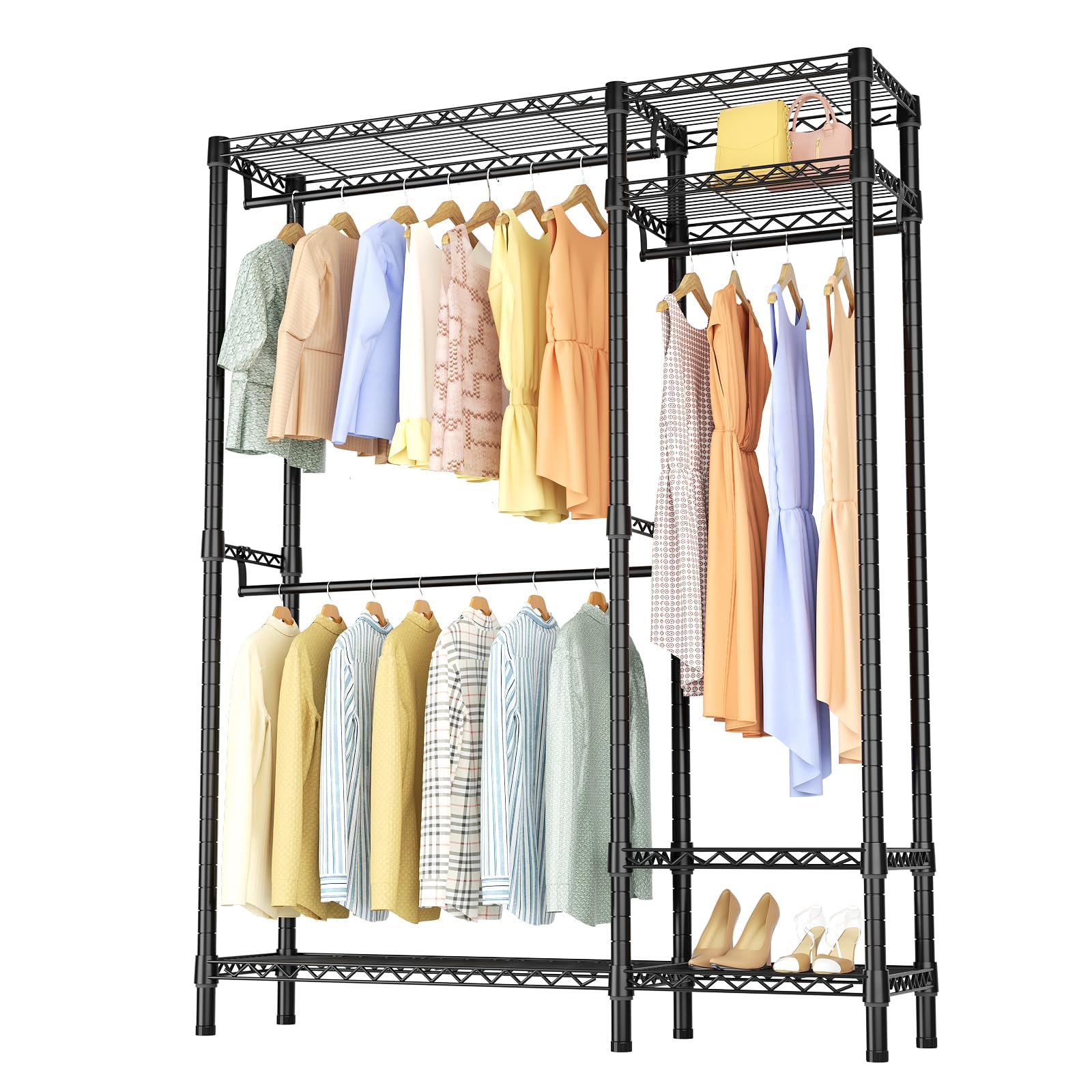 Golpart Protable Clothes Racks for Hanging Clothes Freestanding Closet Wardrobe, Adjustable Metal Garment Rack with Shelves,Heavy Duty Clothing Rack for Bedroom, 18”DX52.37”WX77”H, Max Load 650LBS
