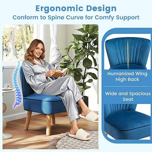 Miniatura 6 de KOMFOTT Silla decorativa de terciopelo, moderna silla de sofá sin brazos con patas de madera de goma maciza, silla de ocio con respaldo de ala con