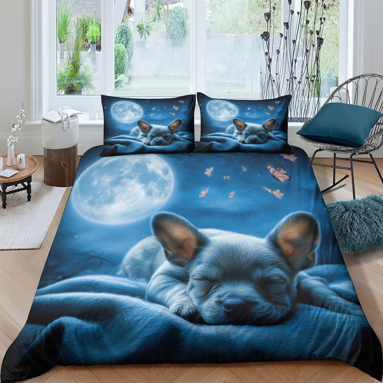 GPLZQXKJNH 3D Printed Moonlight Sleeping Dog Duvet Cover Microfiber Soft Breathable Night Sky Bedding Set with 2 Pillowcases for Bedroom Decor Single（135x200cm）