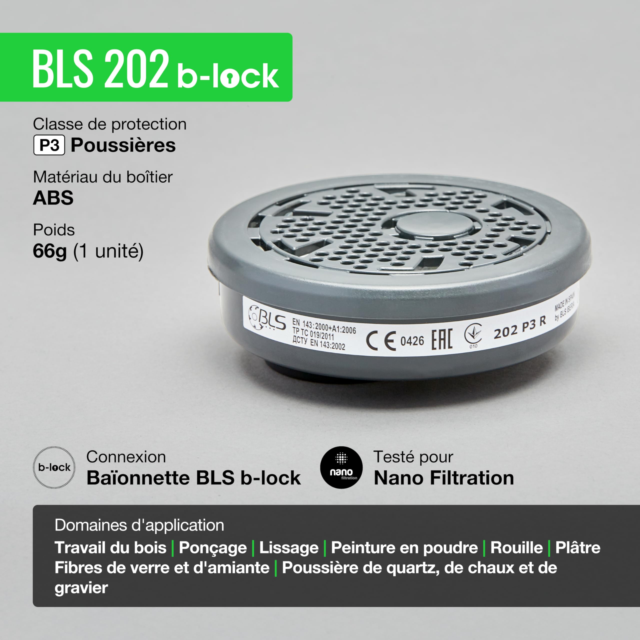 BLS 202 P3 R D Filtres Remplaçables avec Raccord à Baïonnette b-lock, Compatibles avec Demi-masques et Masques complets BLS. Pour Poussière, Menuiserie, Construction, Soudage et Bricolage