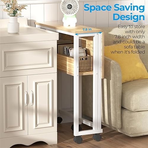 Miniatura 4 de GreenForest Escritorio plegable pequeño con estante de almacenamiento, escritorio plegable para computadora de 31.5 pulgadas con ruedas para espacio