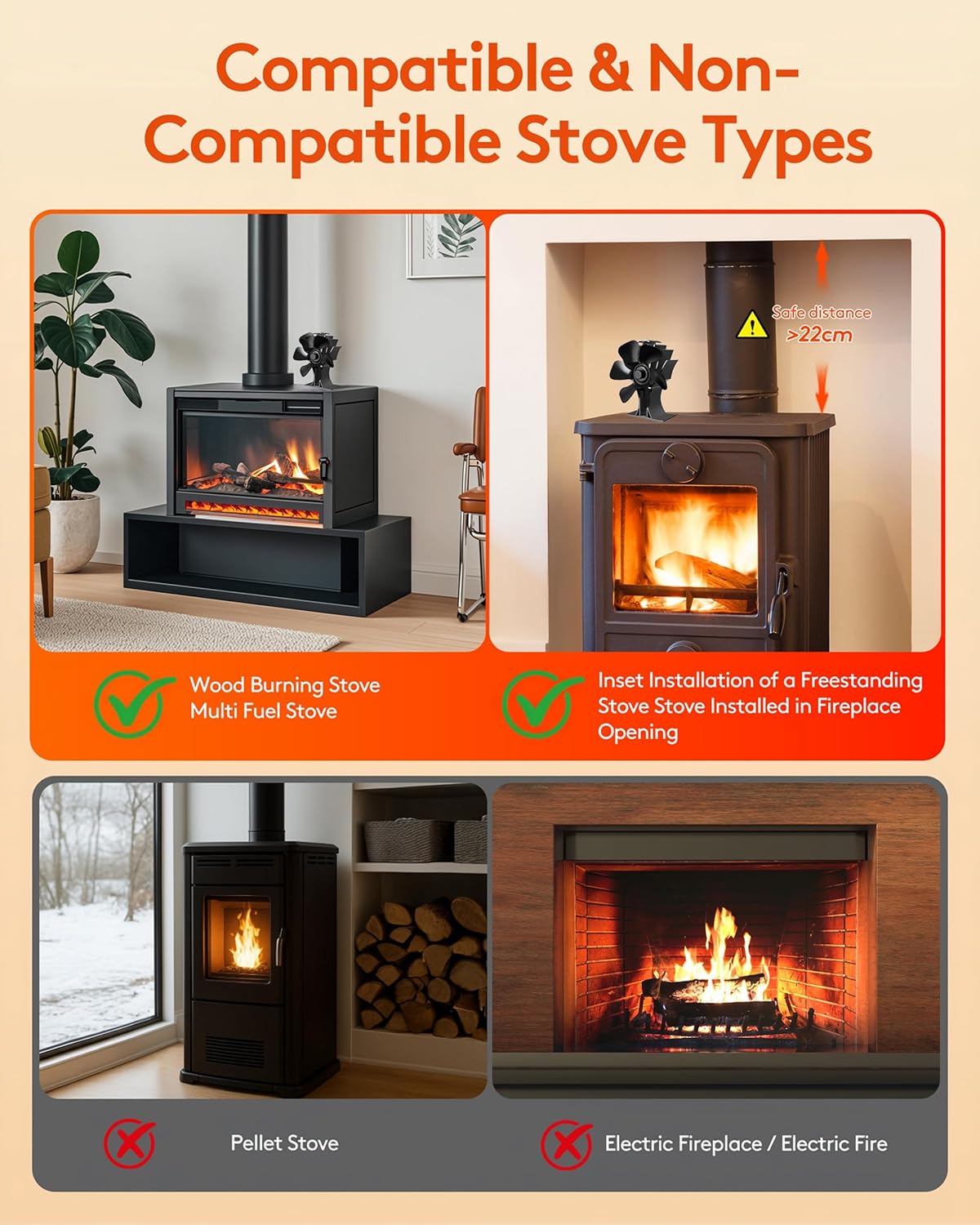 Signstek Wood Stove Fan,Heat Powered Fireplace Fan with Bracket for Heater Propane Log Burner Wood Burning Stove Accessory for Camping Outdoor Indoor Use-6 Blades Big Fan