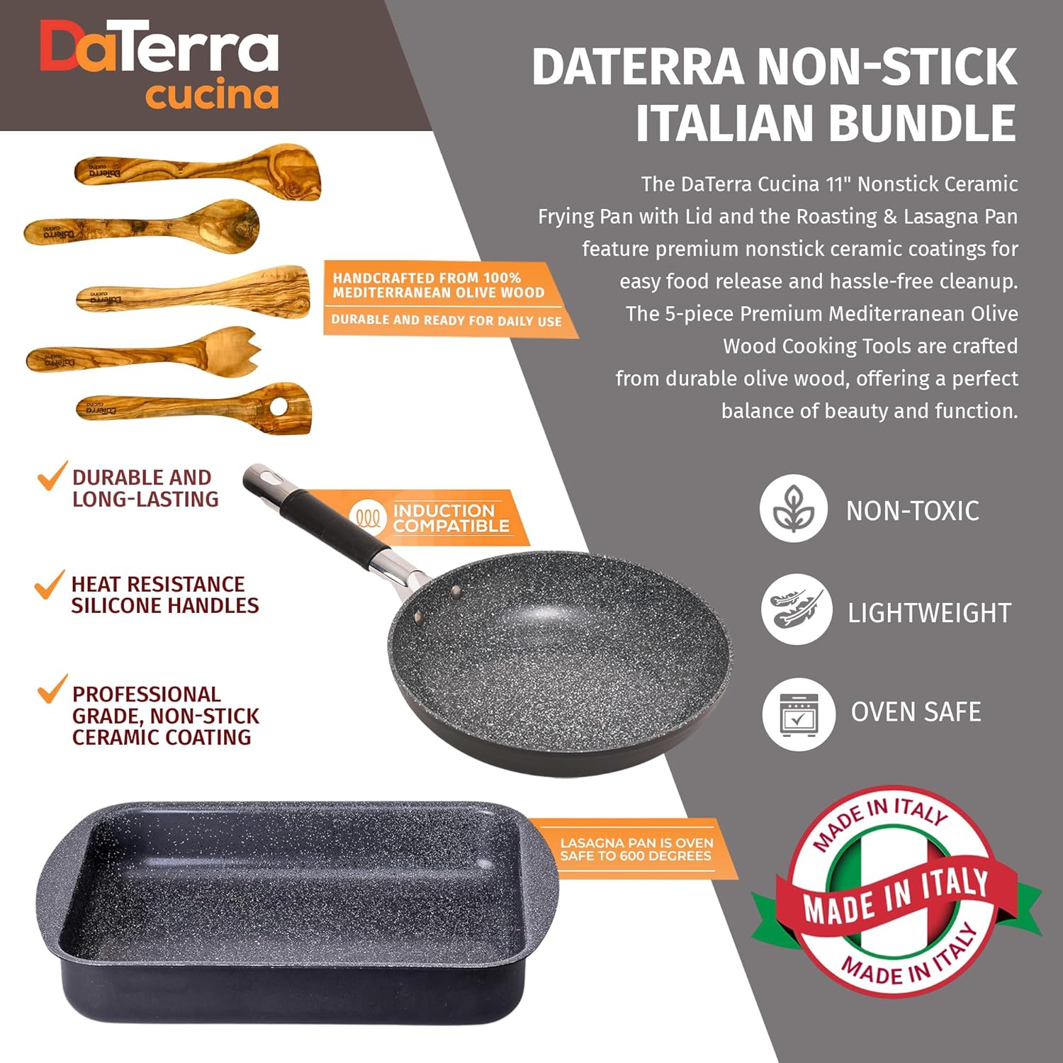 DaTerra Cucina Nonstick Italian Bundle – Roasting & Lasagna Pan, 11" Frying Pan with Lid, 5-Piece Olive Wood Cooking Utensils Set – Oven Safe, PTFE & PFOA Free - Made in Italy, Ceramic