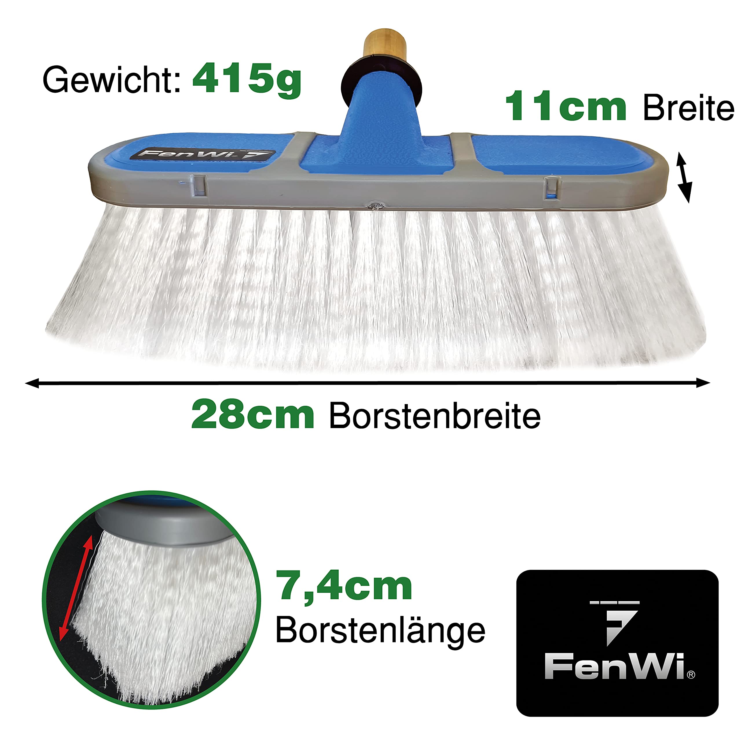 FenWi Waschbürste blau mit weißen Schonborsten/Glasbürste für Glasflächen und Photovoltaik/Solarbürste als Zubehör zur Teleskopstange