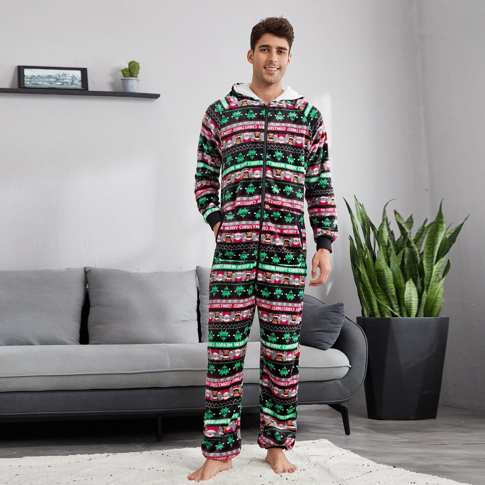 Genérico Pijama Hombre Navidad Franela Forrado Estampado Holgado Manga Larga con Bolsillos