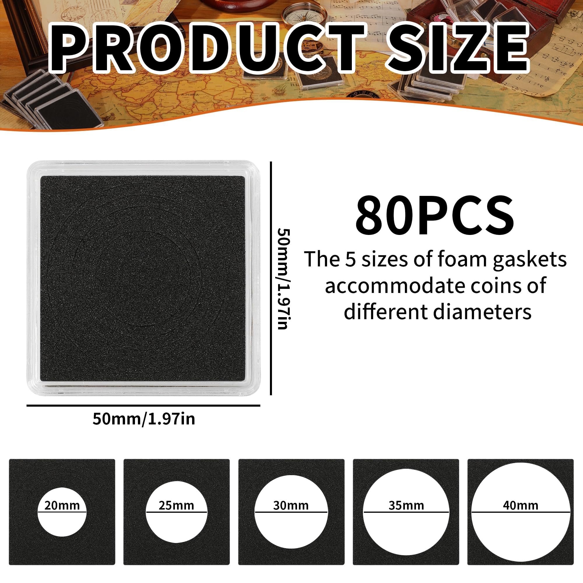 Uncle Paul 80 PCS Coin Collecting Capsules, 20/25/30/35/40mm Holders with 5 Sizes Black Gaskets - Image 2