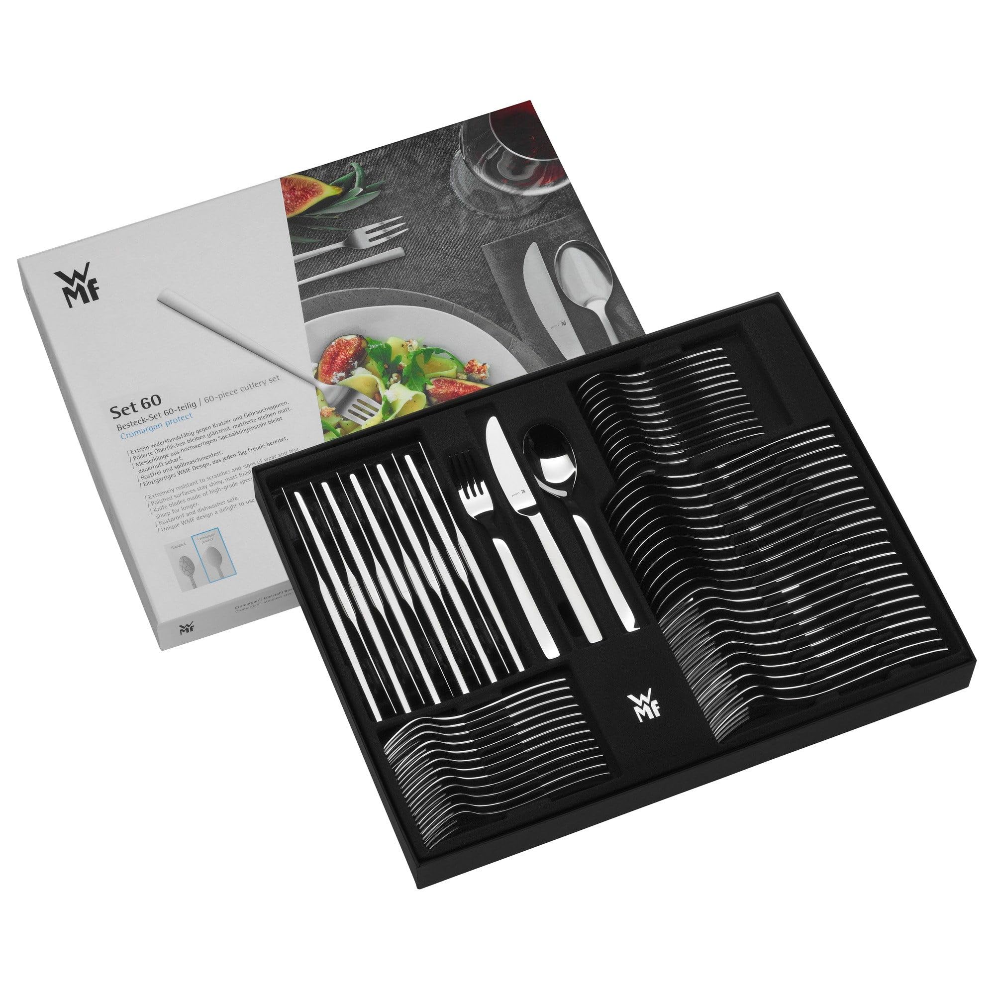 WMF Palma Besteck Set 12 Personen, Essbesteck 60 teilig, Monobloc-Messer, Edelstahl Hochglanz Poliert, Glänzend, Spülmaschinenfest, hochwertige Besteckkassette