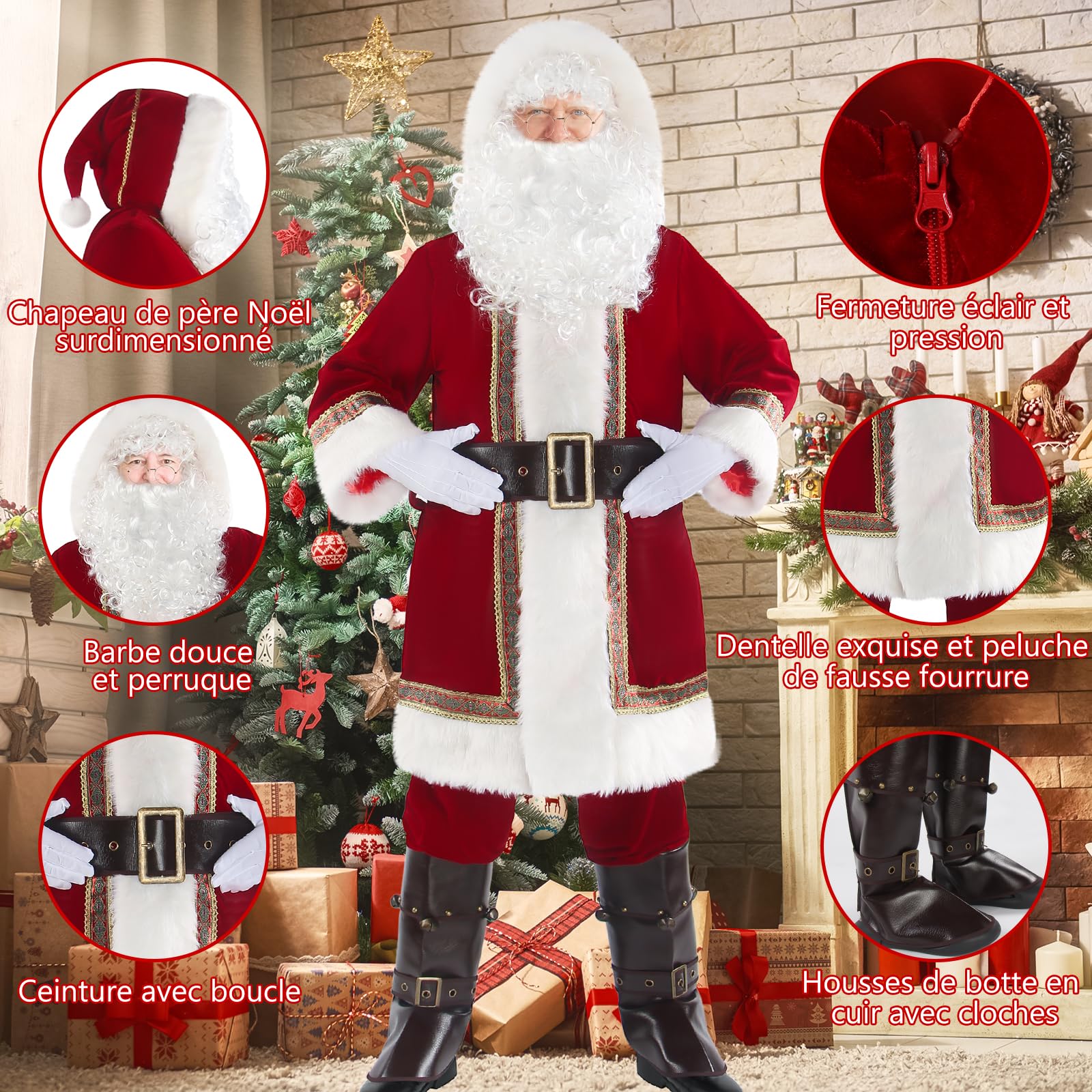 10 Pièces Costume de Père Noël Luxe Pour Hommes Costume Cosplay Pour Adultes Tenue En Velours Rouge Pour Les Fêtes