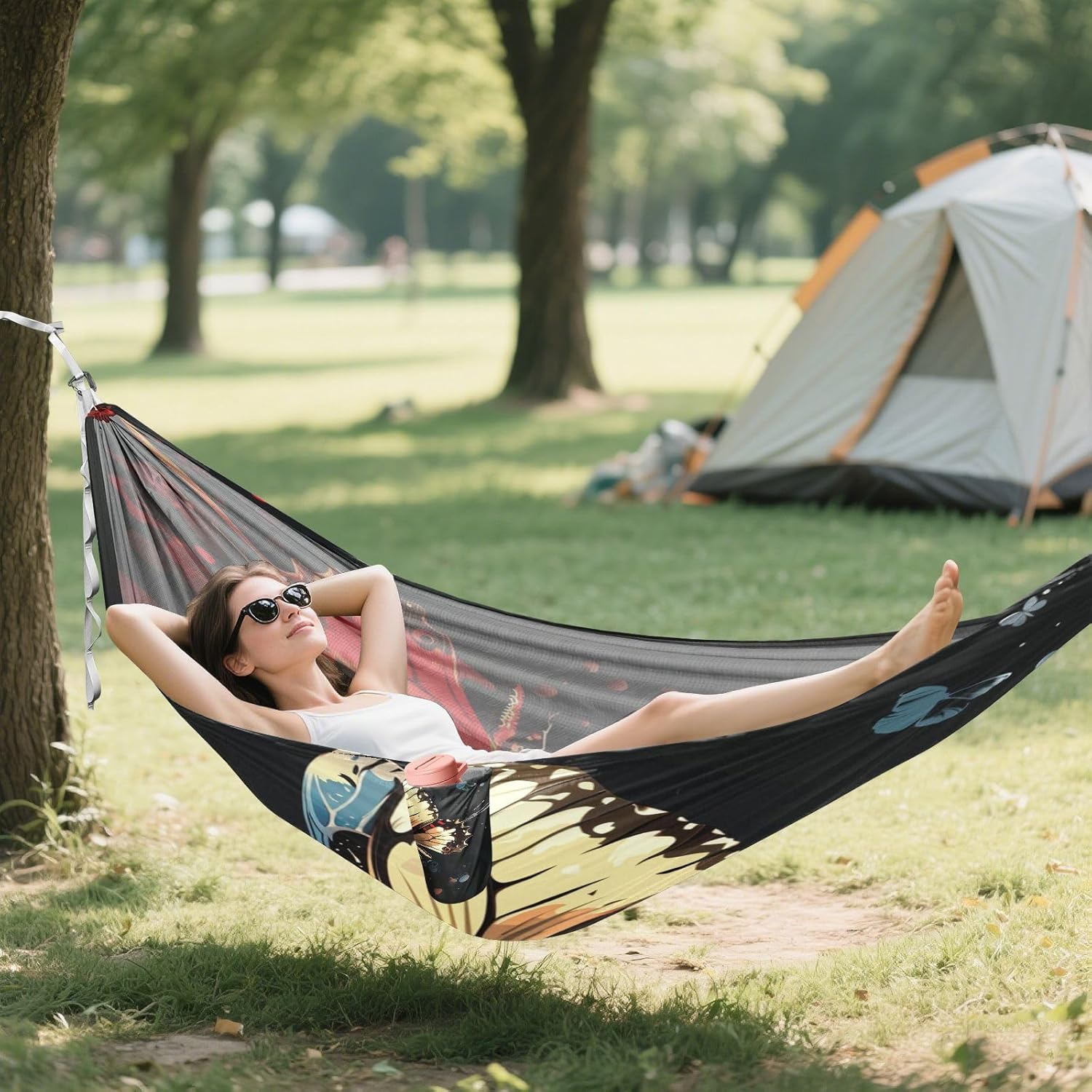 ALAZA Butterfly Couple Camping Hammocks Single or 2 Person 500 lbs Portable Parachute Travel Hammock w/Tree Straps for Hiking Backpacking Indoor Outdoor