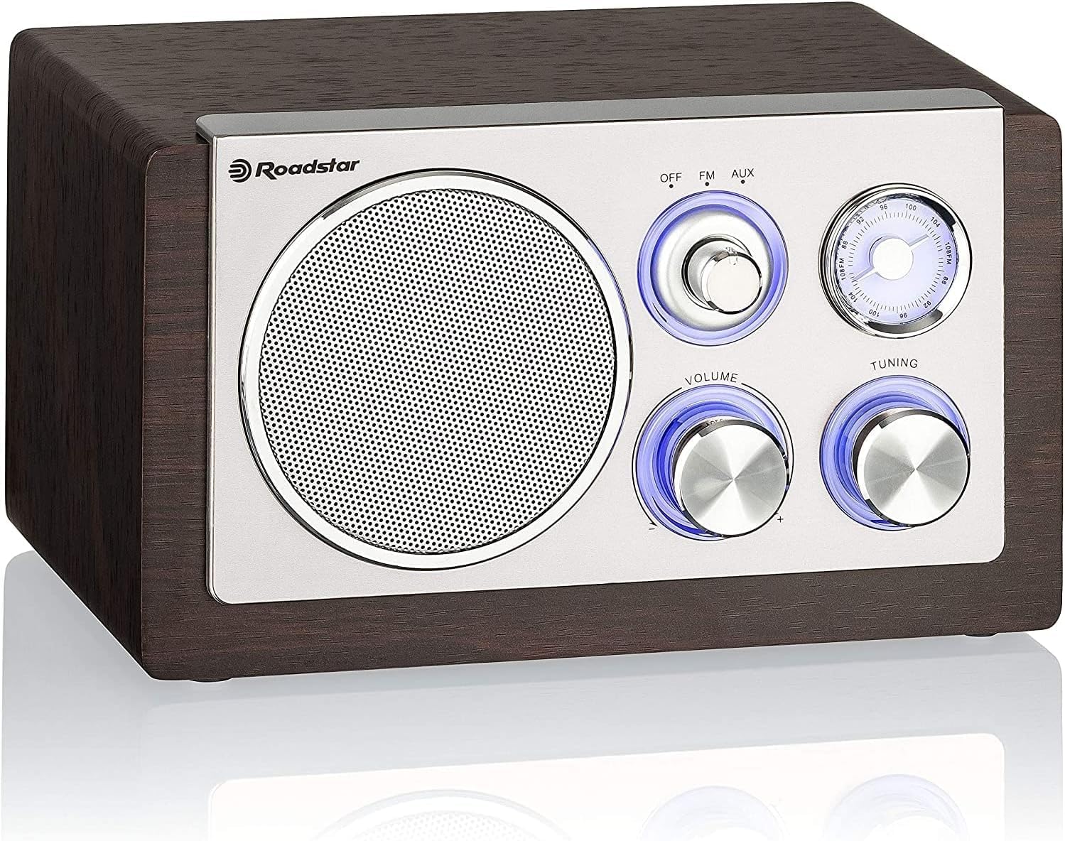 Roadstar HRA1245NWD Radio Portable Analogique FM Vintage, Haut-Parleur 16W à 1 Voie, Radio Rétro Compacte pour la Maison et la Cuisine, Éclairage LED, Bois