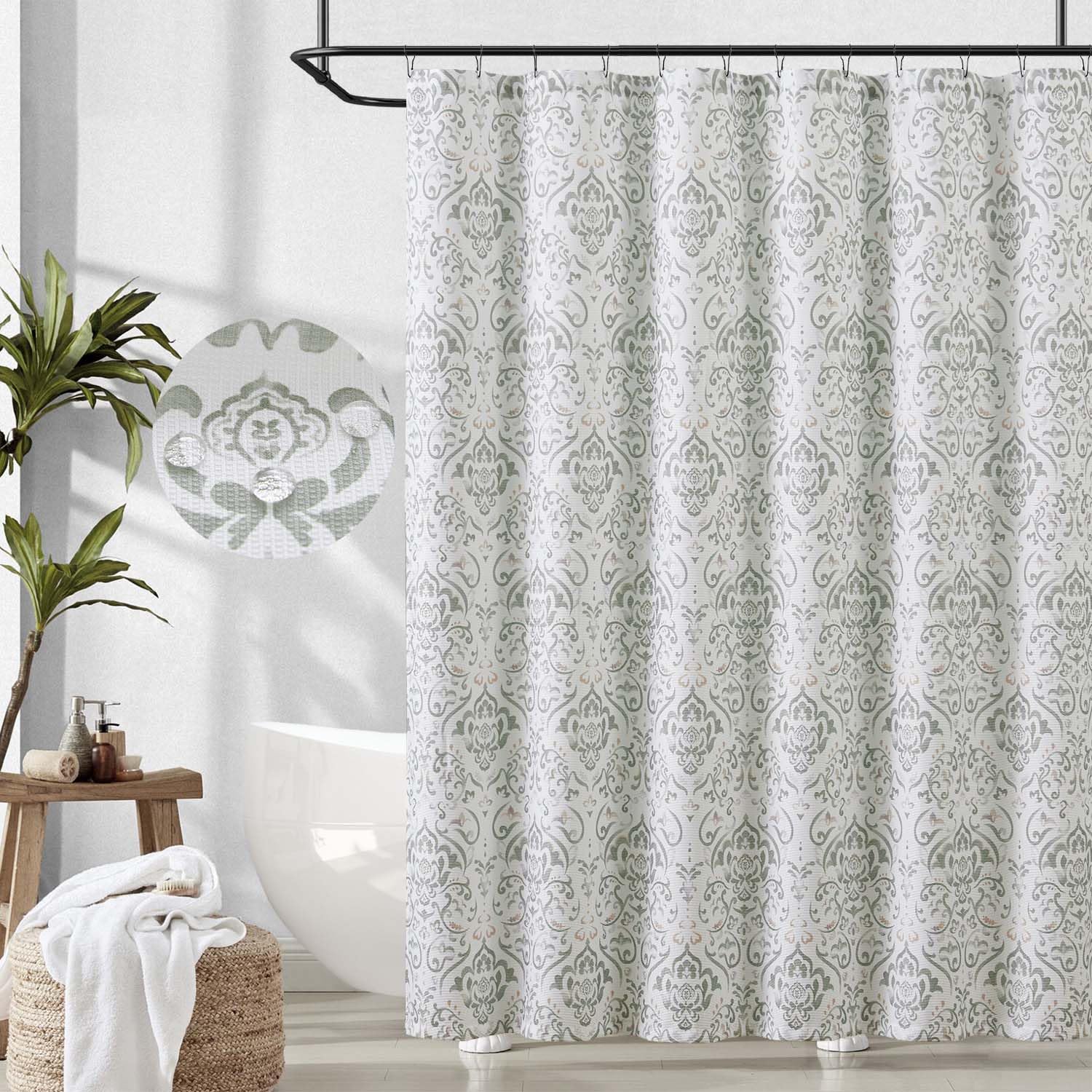 jinchan Moss Grey Floral Shower Curtain Medallion Damask Farmhouse Shower Curtains for Bathroom Watercolor Retro Vintage Pattern Waterproof Fabric Bath Decor with 12 Hooks 70x72 Inches