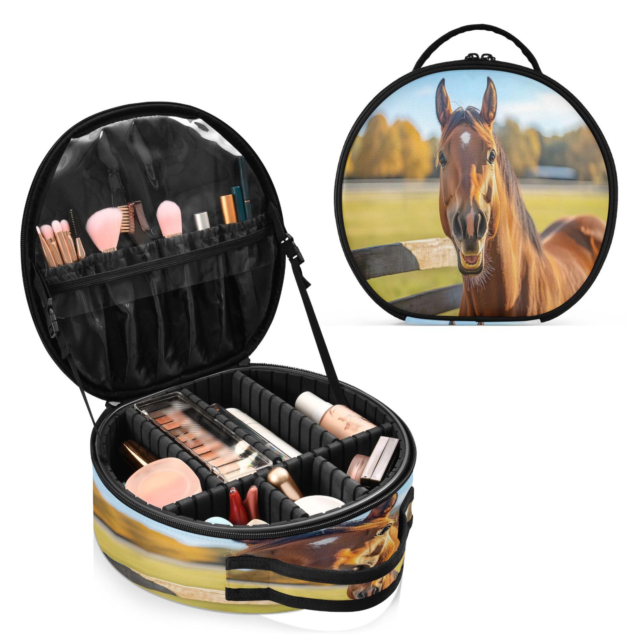 Takiito Funny Horse Travel Makeup Case Portable Makeup Box Artist Cosmetic Case Organizer With Adjustable Dividers