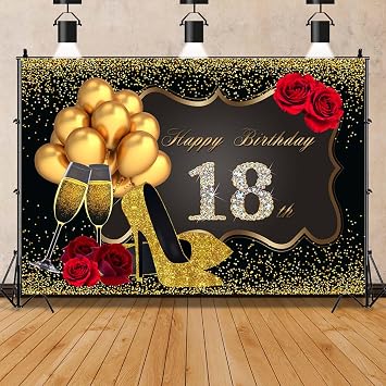 7x5ft Women 18th Birthday Decorations Happy Birthday Backdrop Photography Background 18th Birthday Party Supplies Golden High Heels Birthday Party Decor Banner Photo Booth Props Vinyl